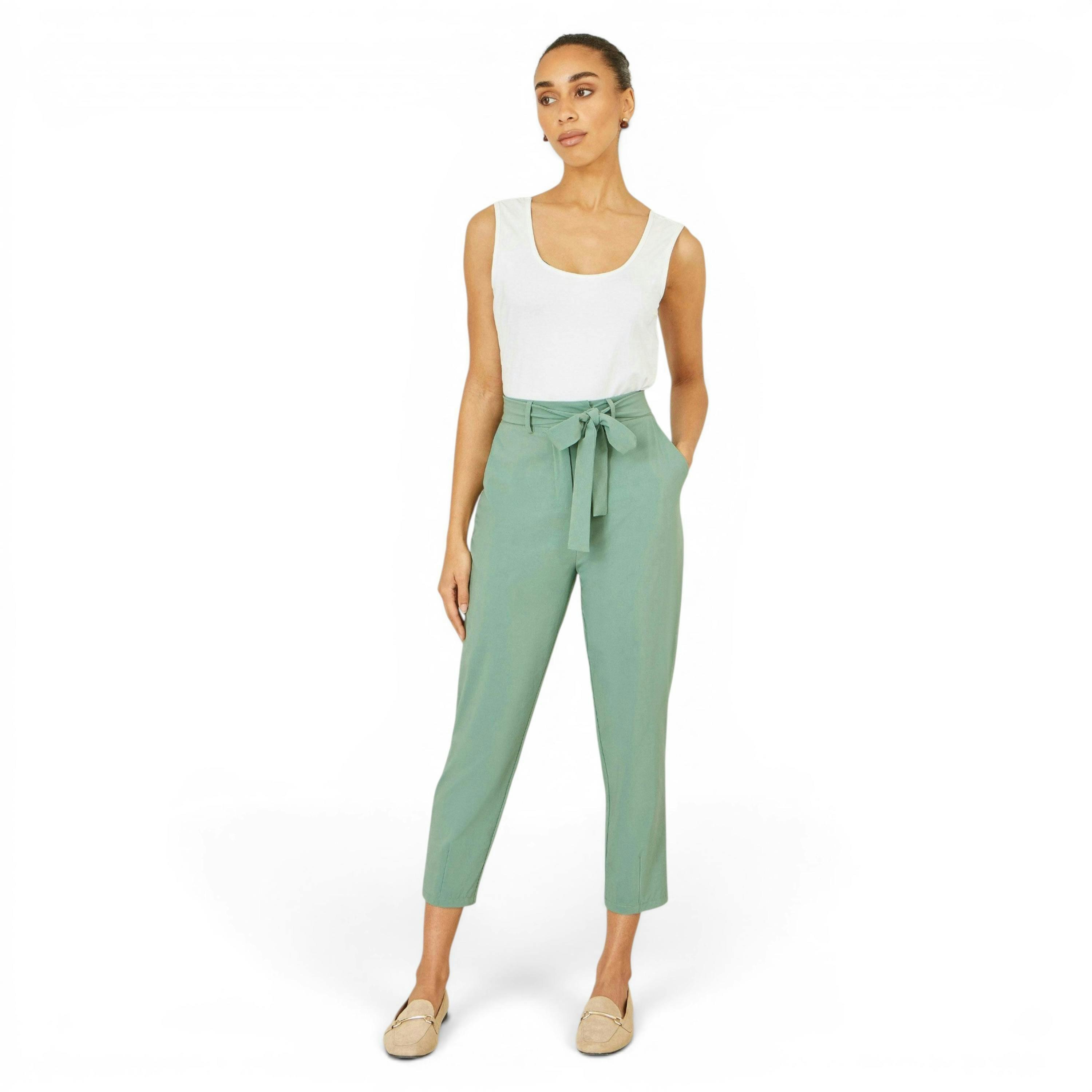 Yumi Green Stretch Capri Pants With Tie Belt , view 3 of 6