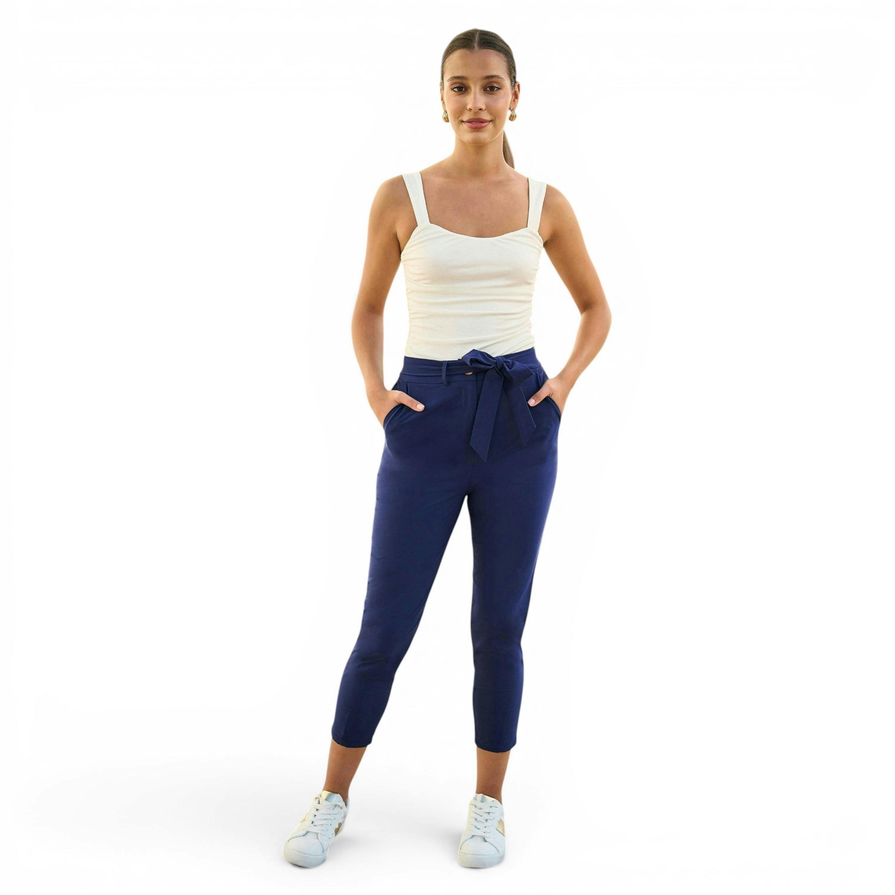 Yumi Navy Stretch Capri Pants With Tie Belt , view 1 of 6