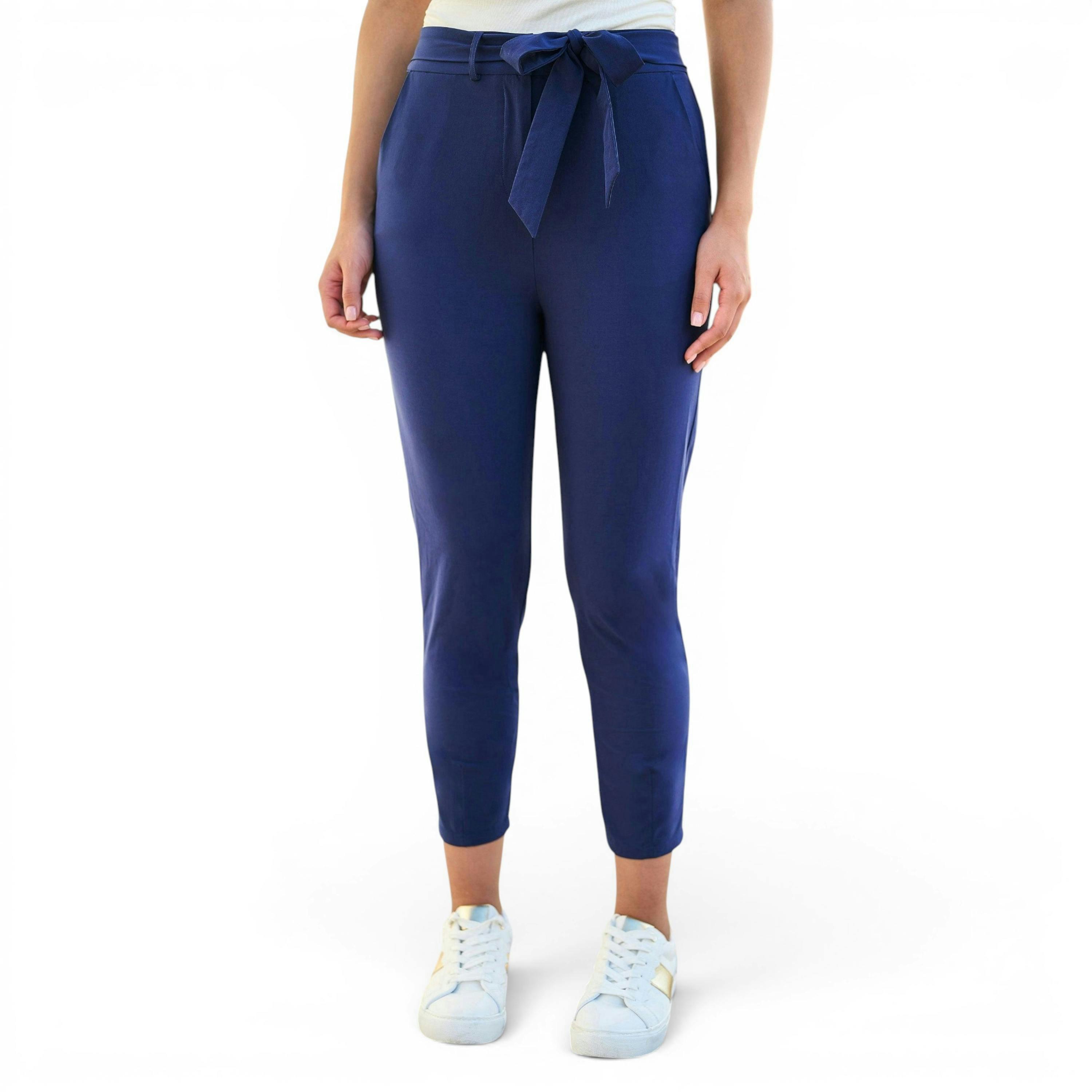 Yumi Navy Stretch Capri Pants With Tie Belt , view 2 of 6