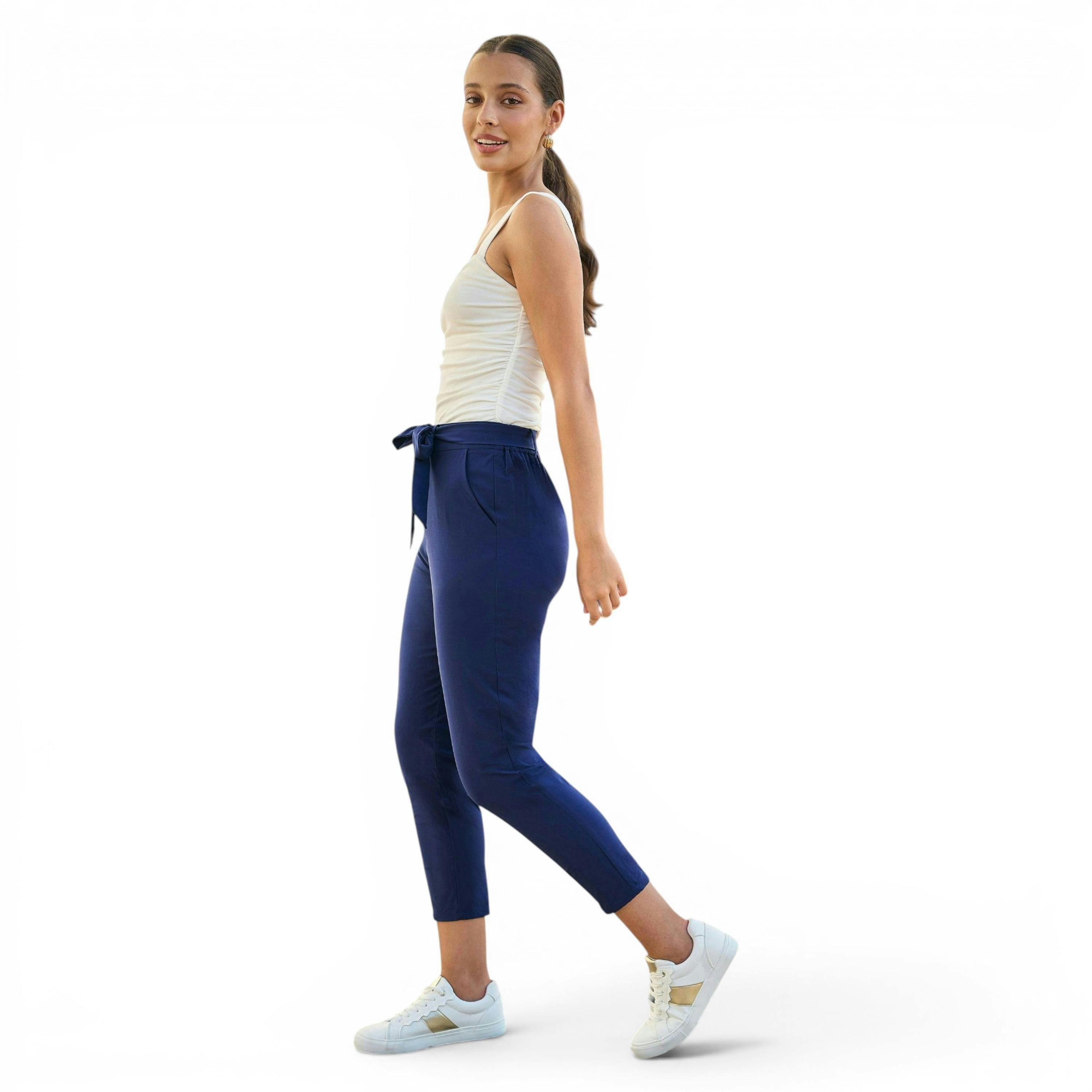 Yumi Navy Stretch Capri Pants With Tie Belt , view 3 of 6