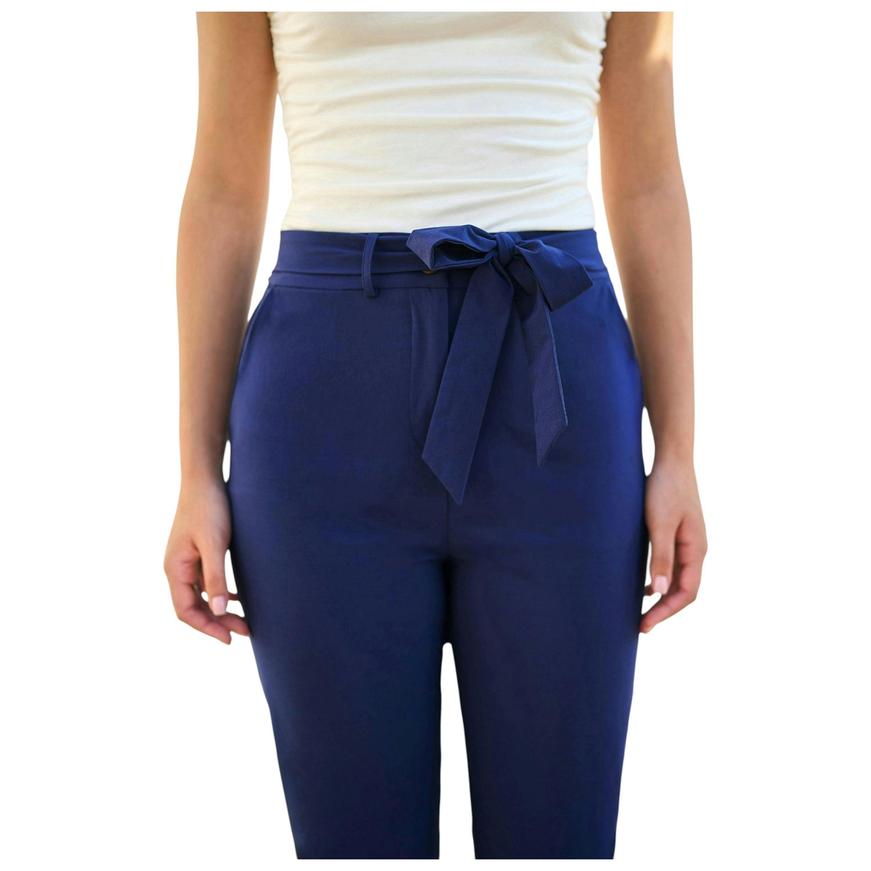 Yumi Navy Stretch Capri Pants With Tie Belt , view 5 of 6