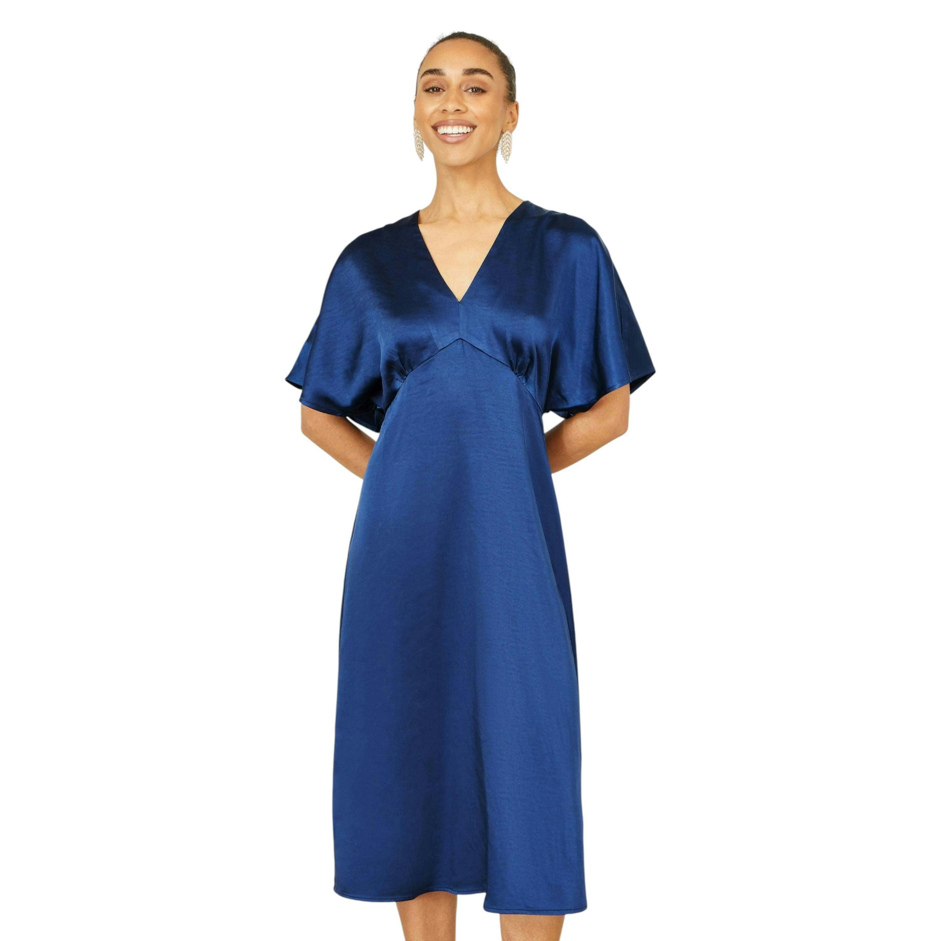Yumi Navy Satin Midi Kimono Dress , view 1 of 6