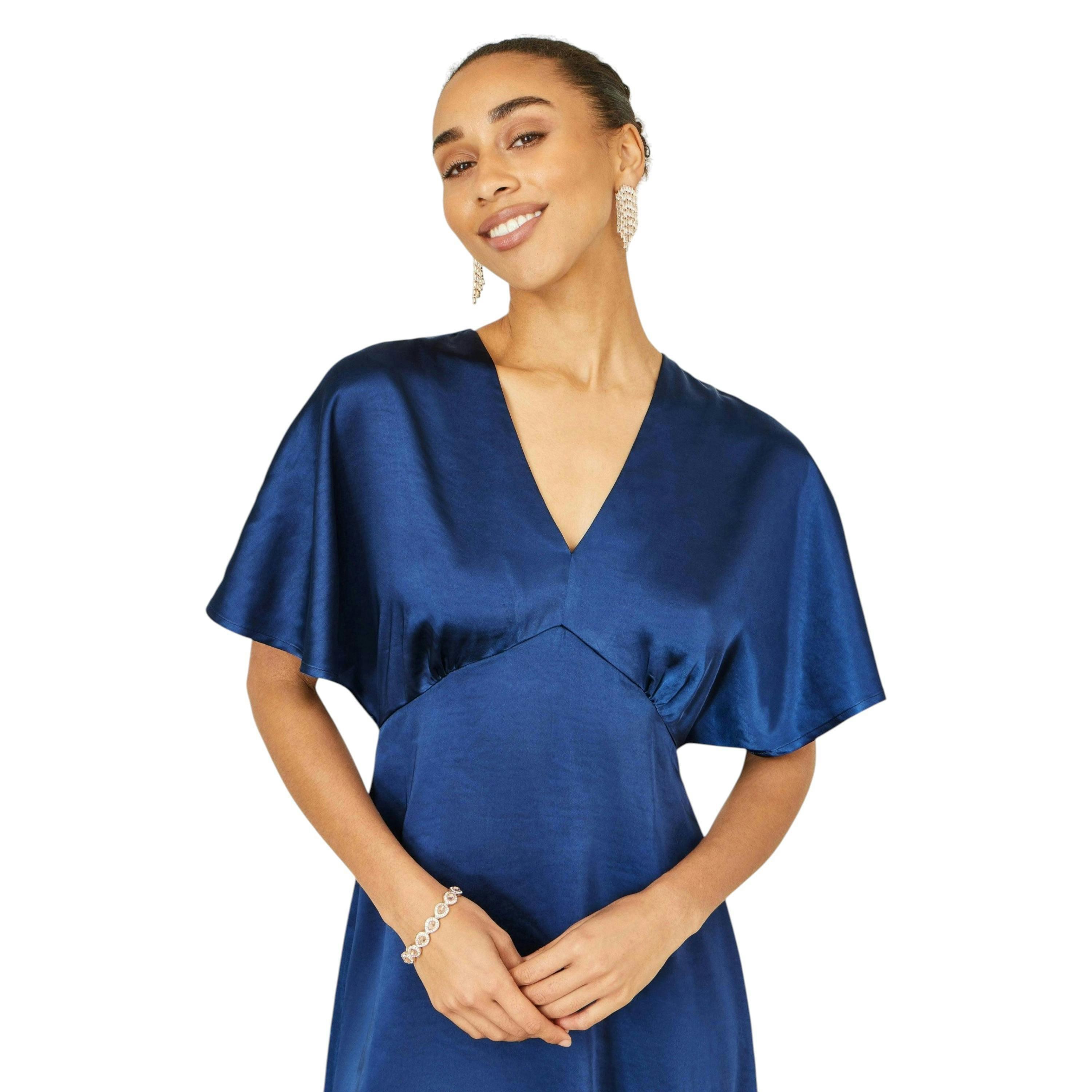Yumi Navy Satin Midi Kimono Dress , view 2 of 6