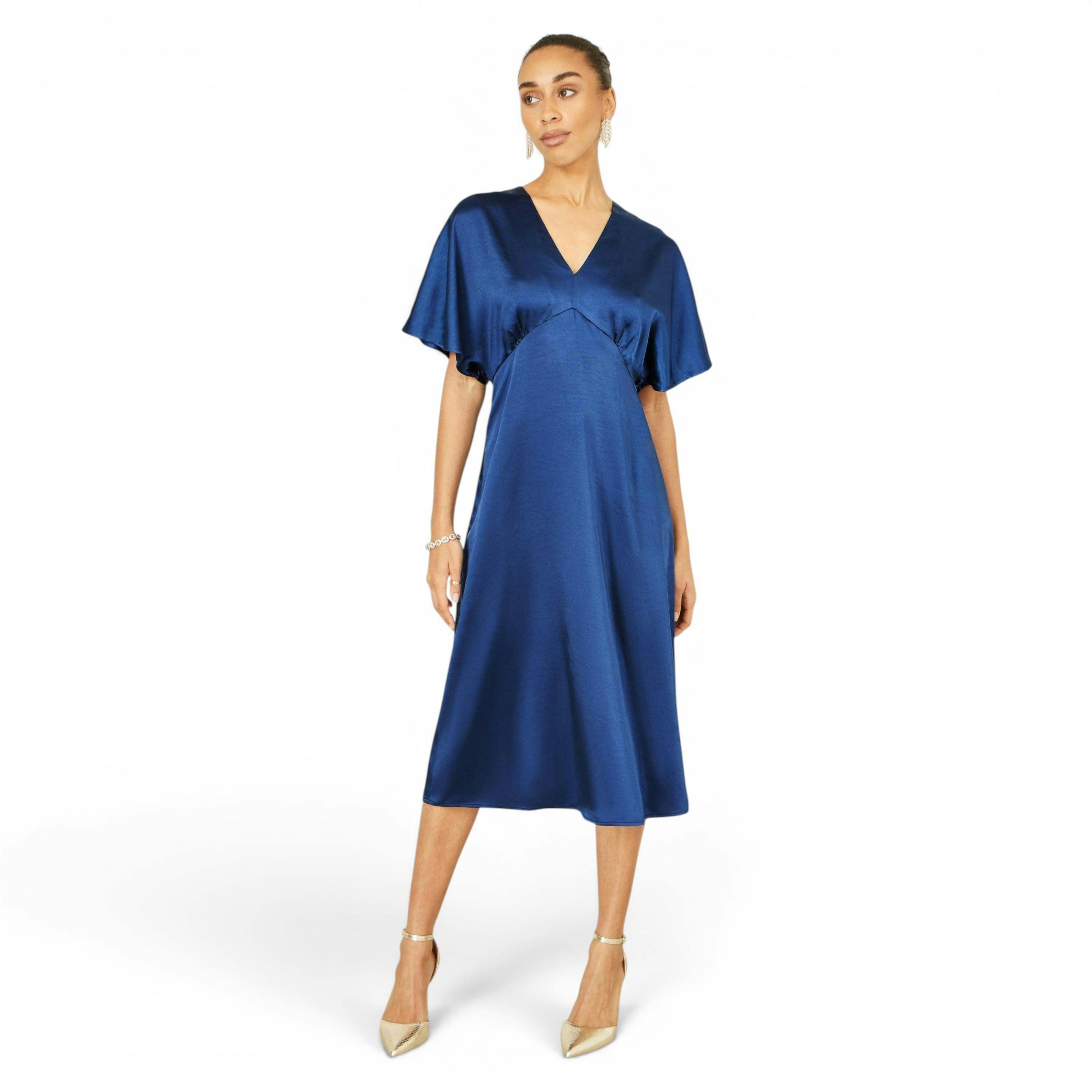 Yumi Navy Satin Midi Kimono Dress , view 3 of 6