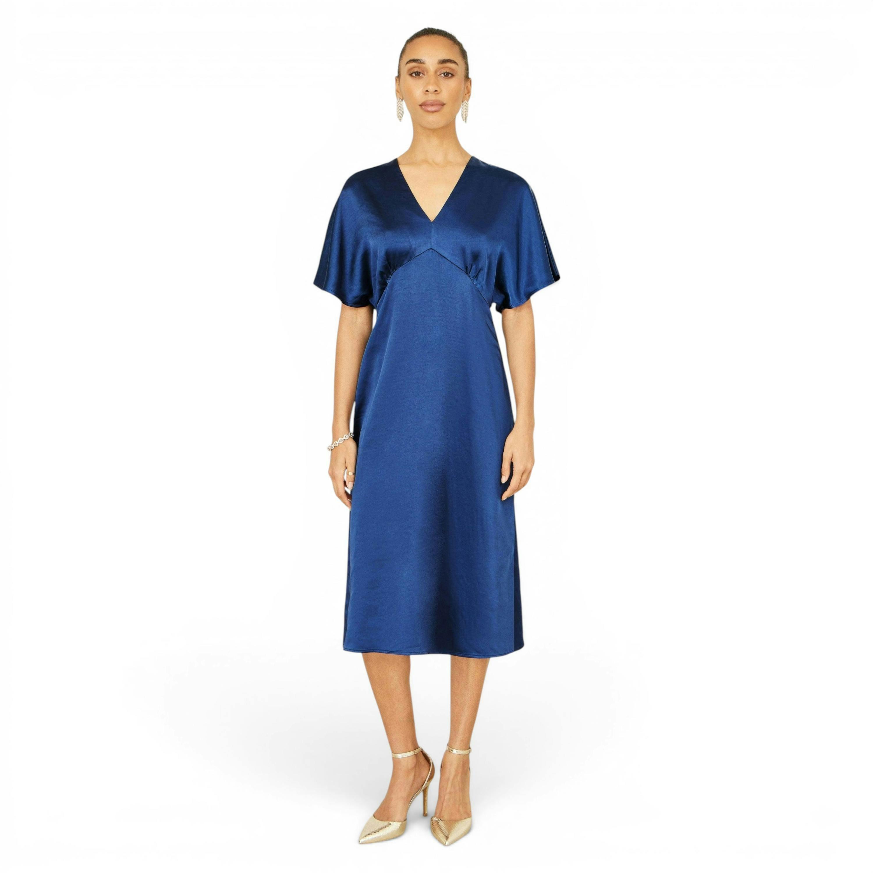 Yumi Navy Satin Midi Kimono Dress , view 4 of 6