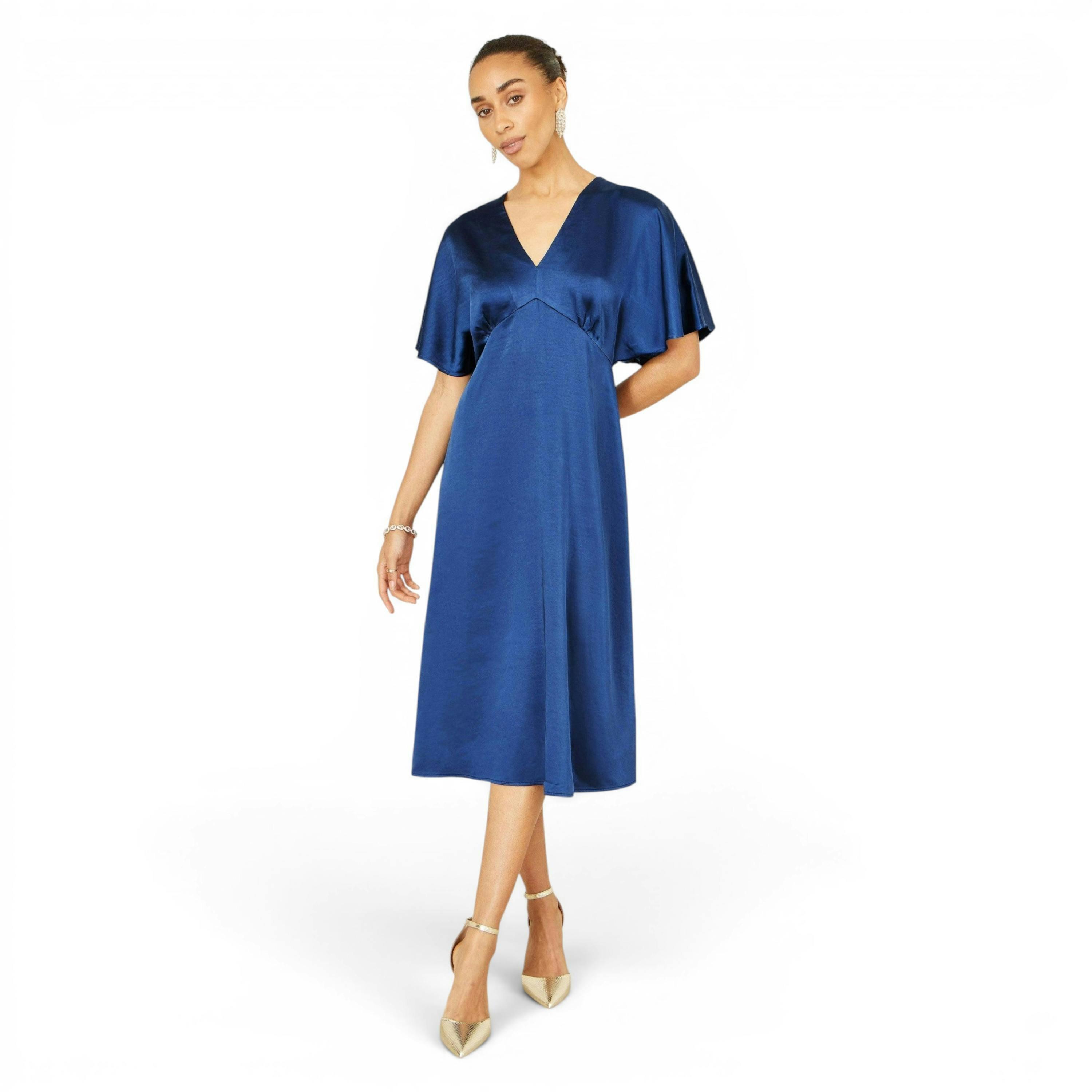 Yumi Navy Satin Midi Kimono Dress , view 6 of 6