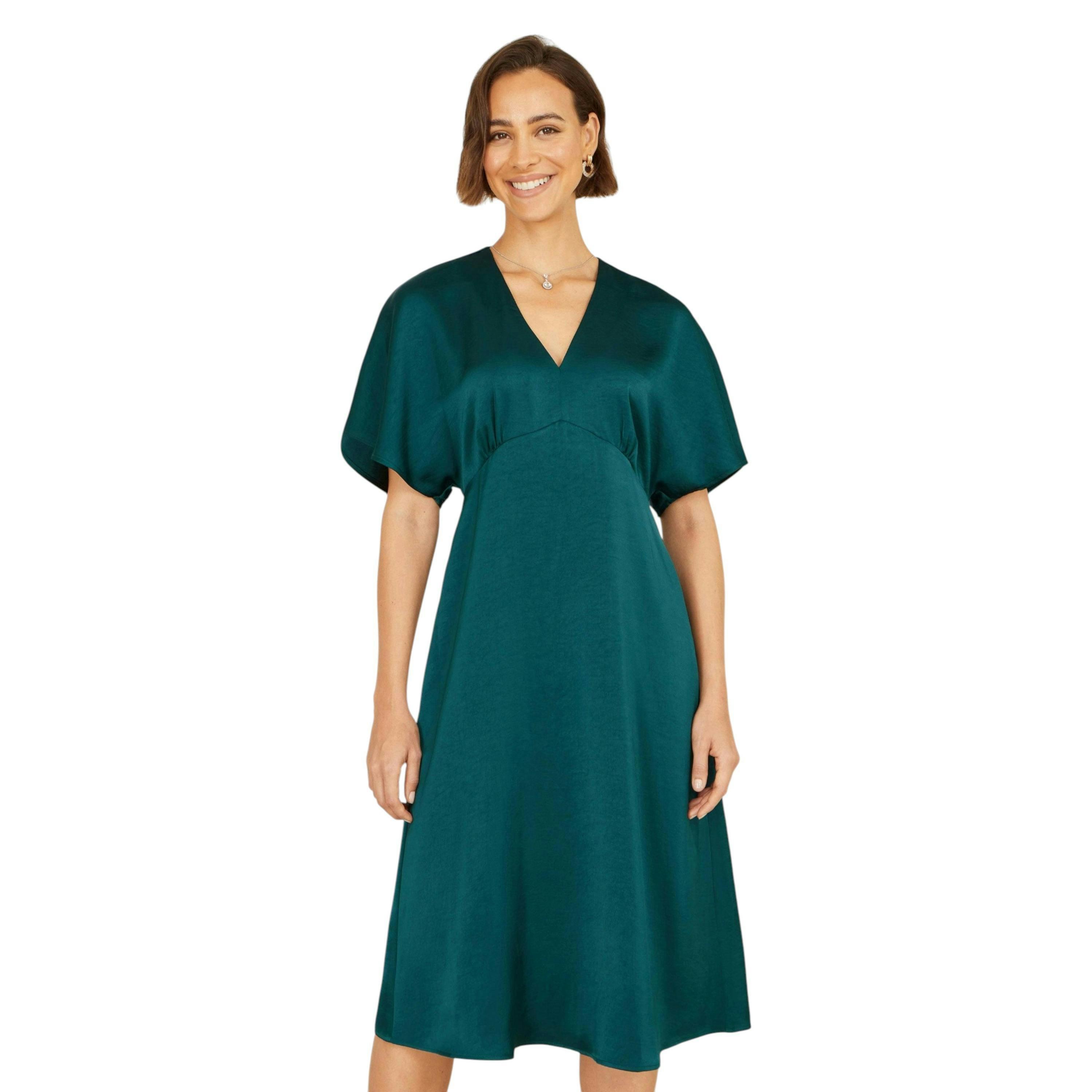 Yumi Green Satin Midi Kimono Dress , view 1 of 5