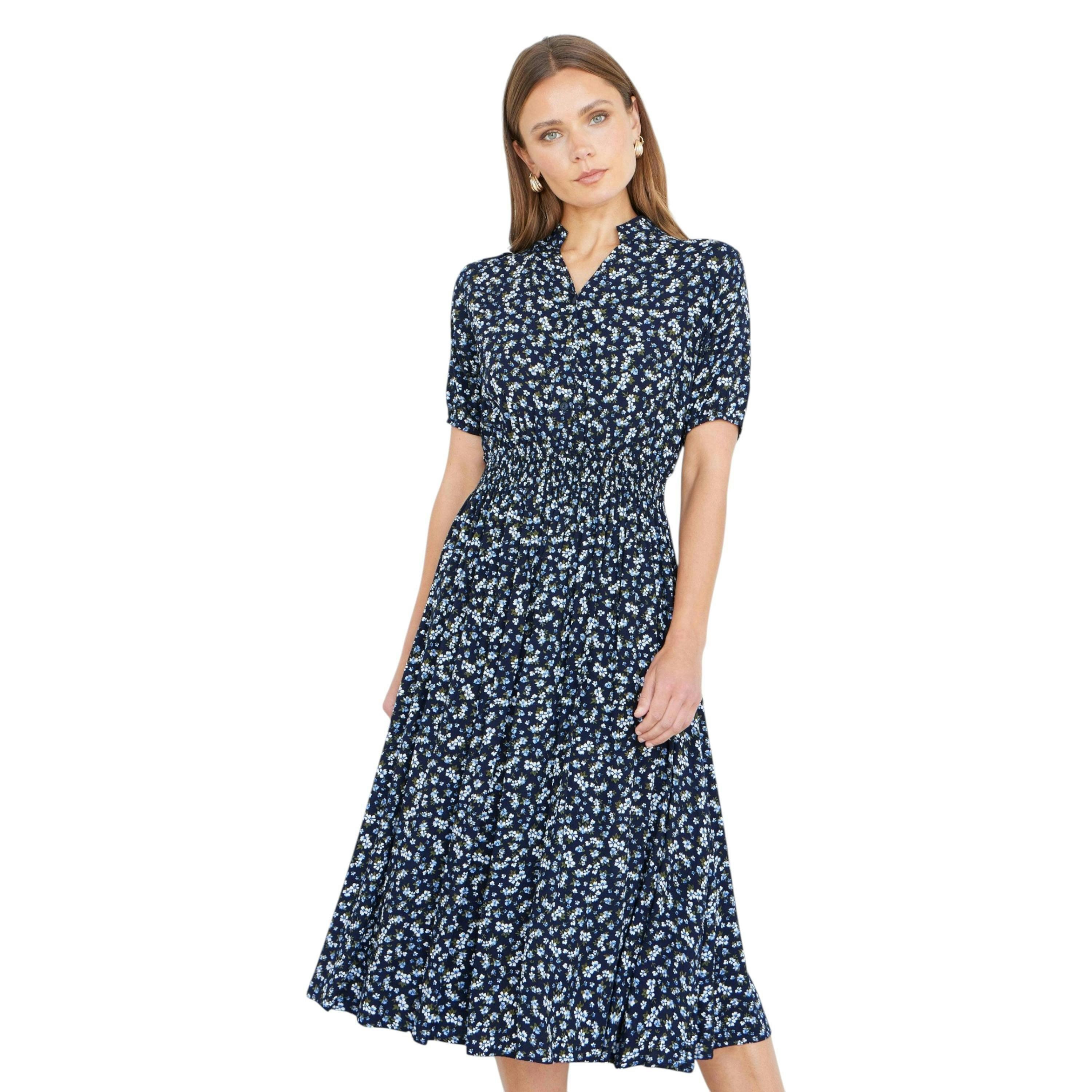 Yumi Navy Ditsy Floral Midi Shirt Dress With Ruched Waist , view 1 of 5