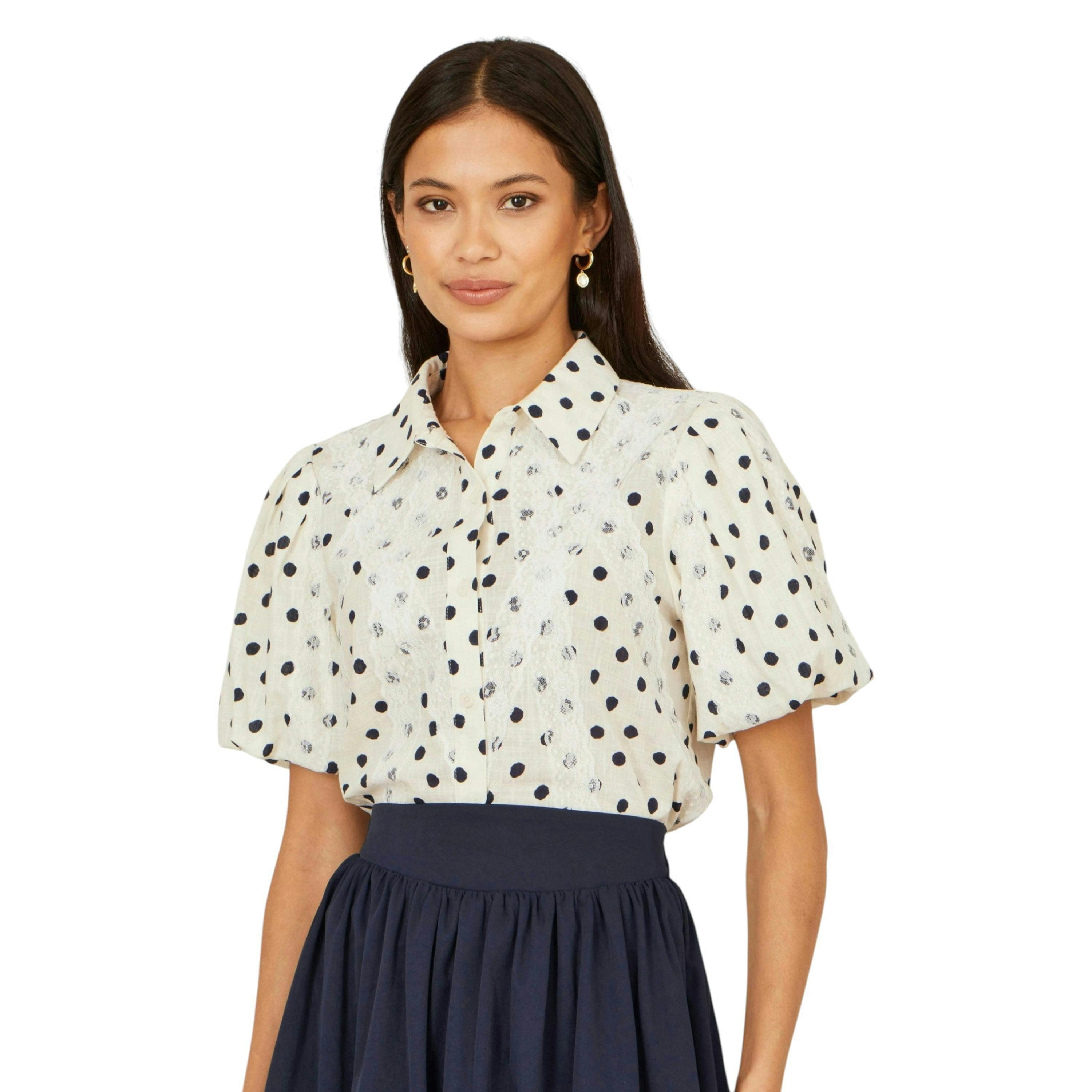 Yumi White Polka Dot Lace Boxy Shirt , view 1 of 6