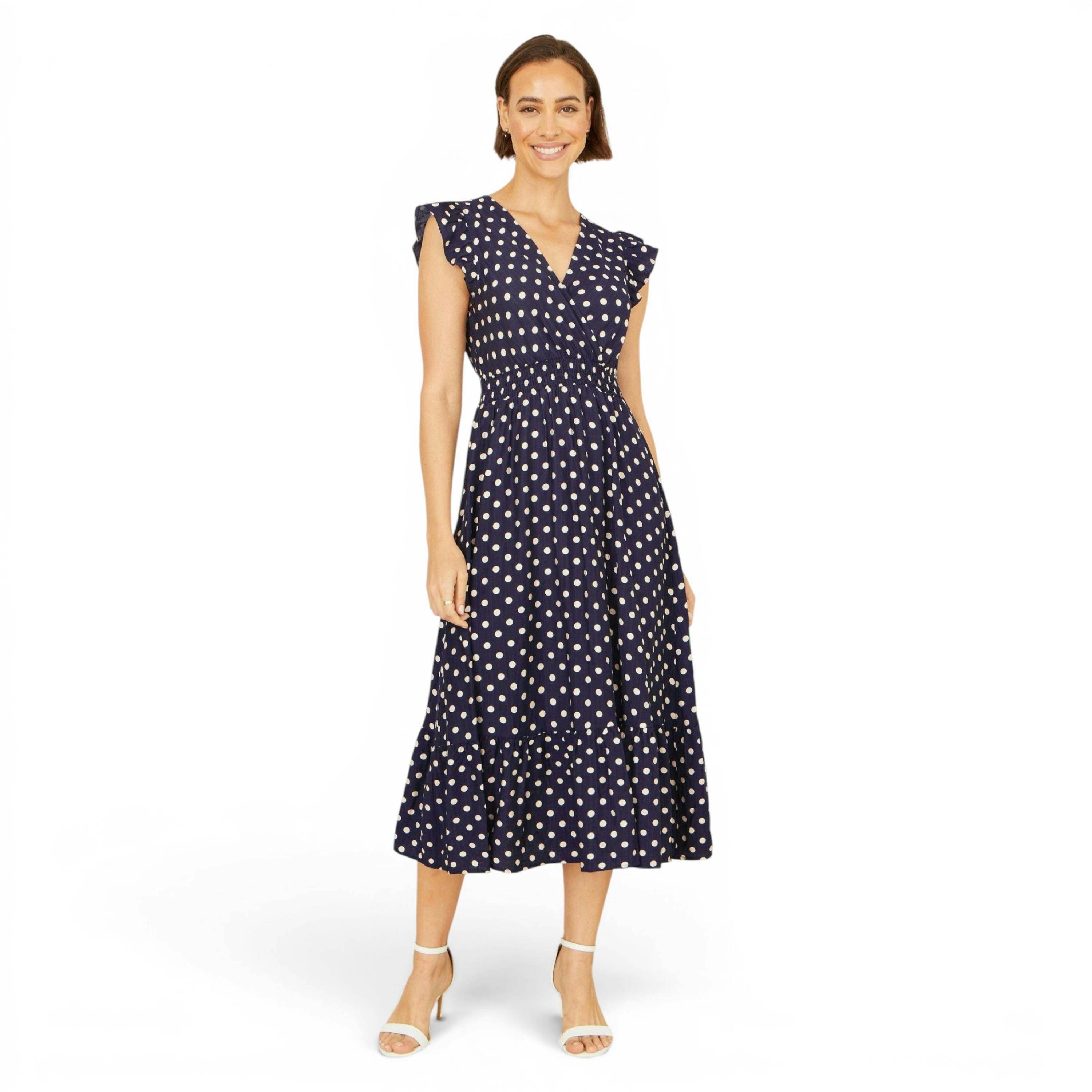 Yumi Navy Spot Ruched Waist Midi Dress , view 1 of 6