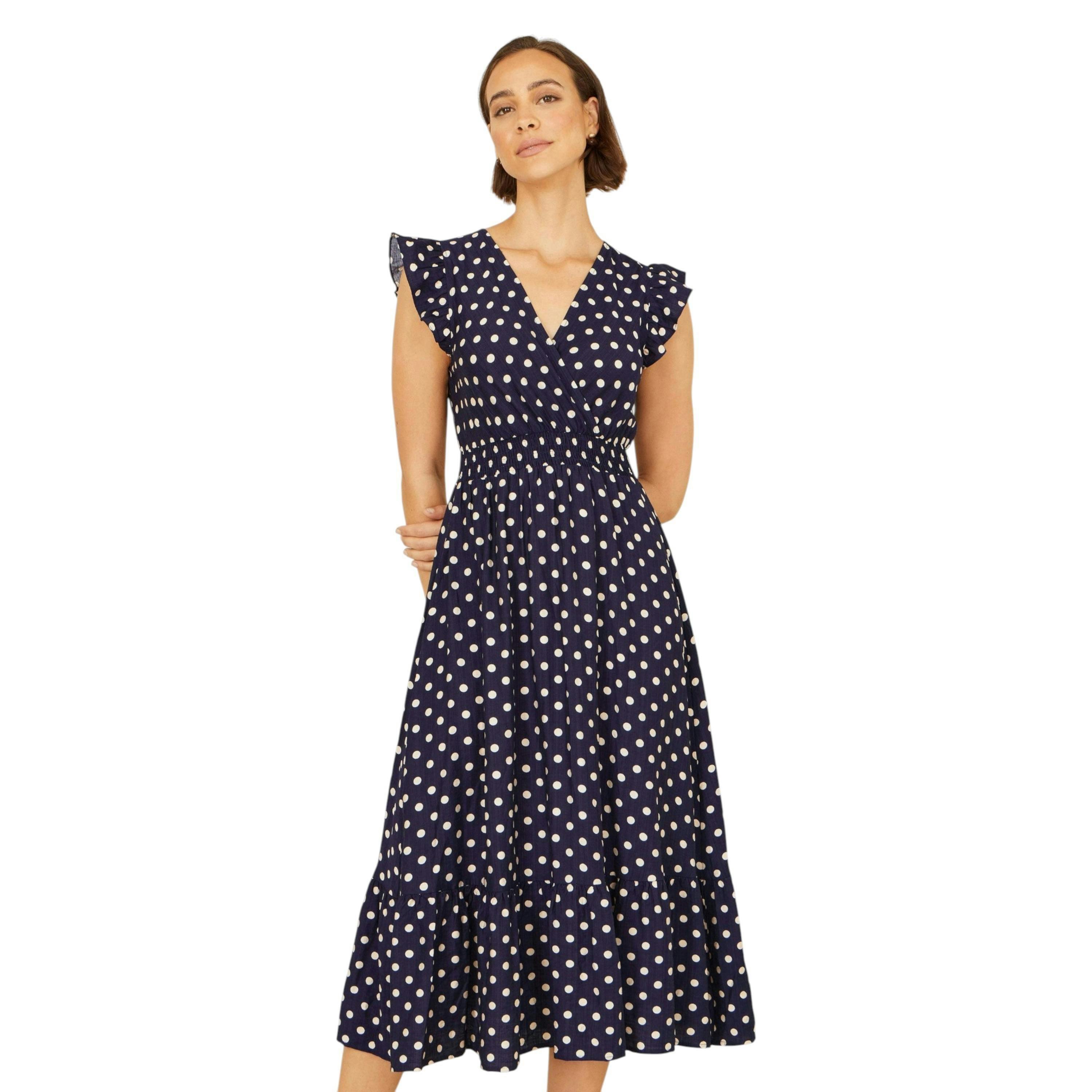 Yumi Navy Spot Ruched Waist Midi Dress , view 3 of 6