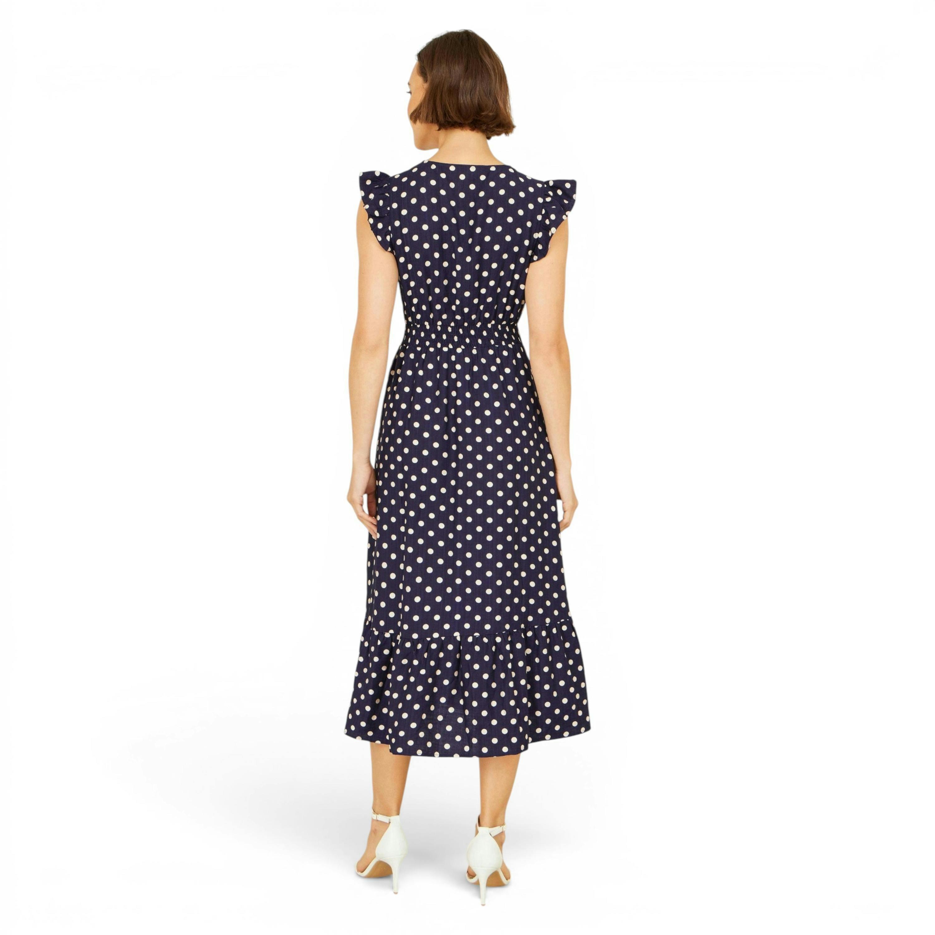 Yumi Navy Spot Ruched Waist Midi Dress , view 4 of 6