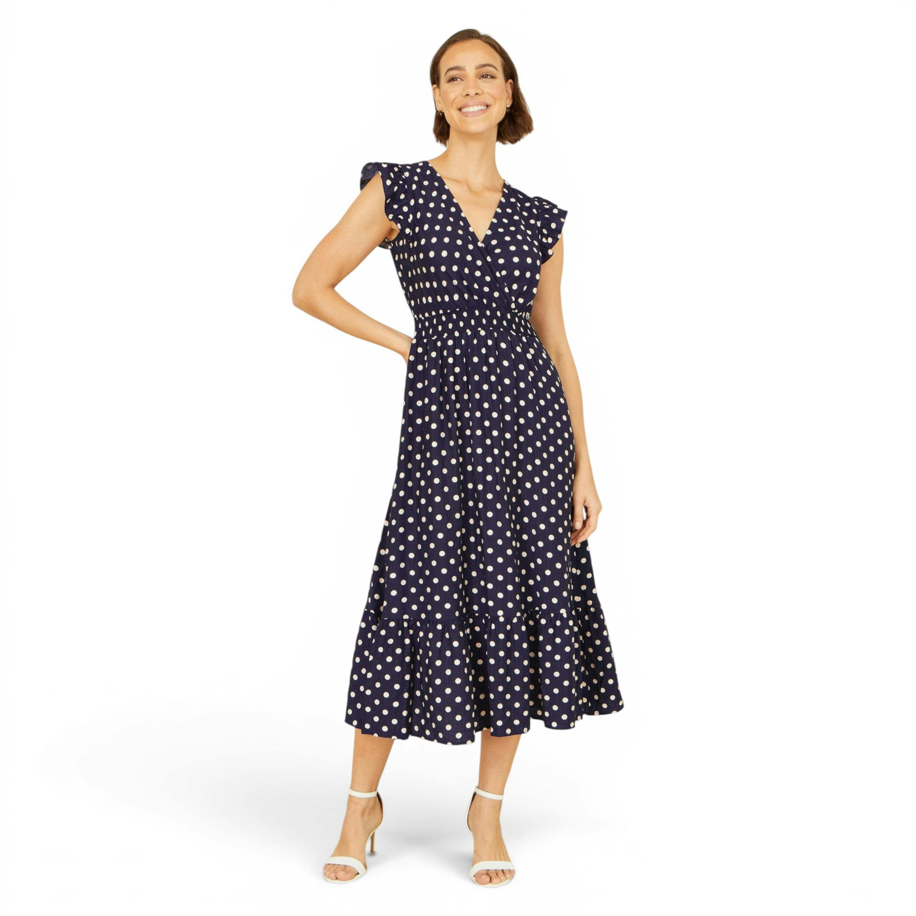 Yumi Navy Spot Ruched Waist Midi Dress , view 5 of 6