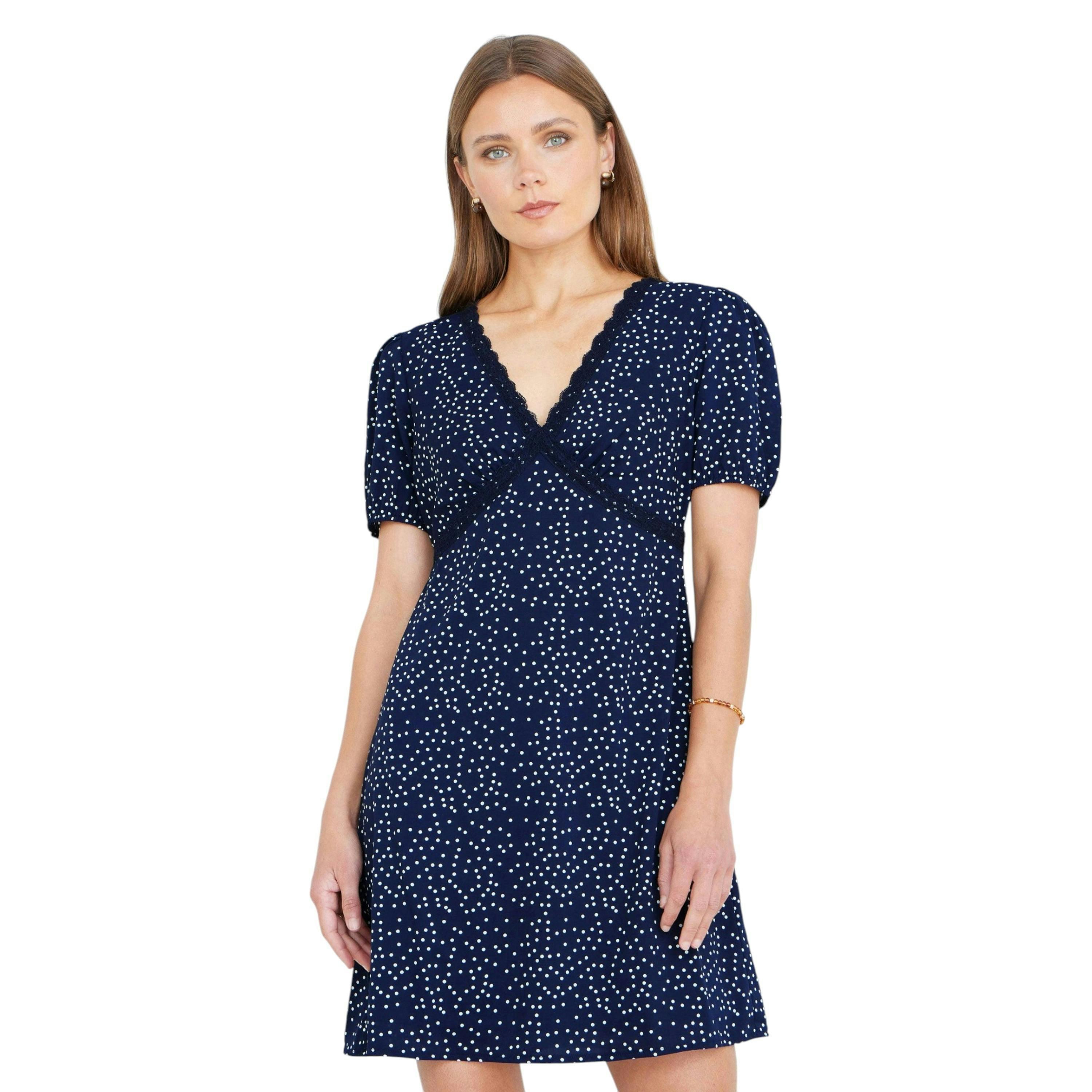 Yumi Navy Spot Print Lace Trim Skater Dress , view 1 of 6