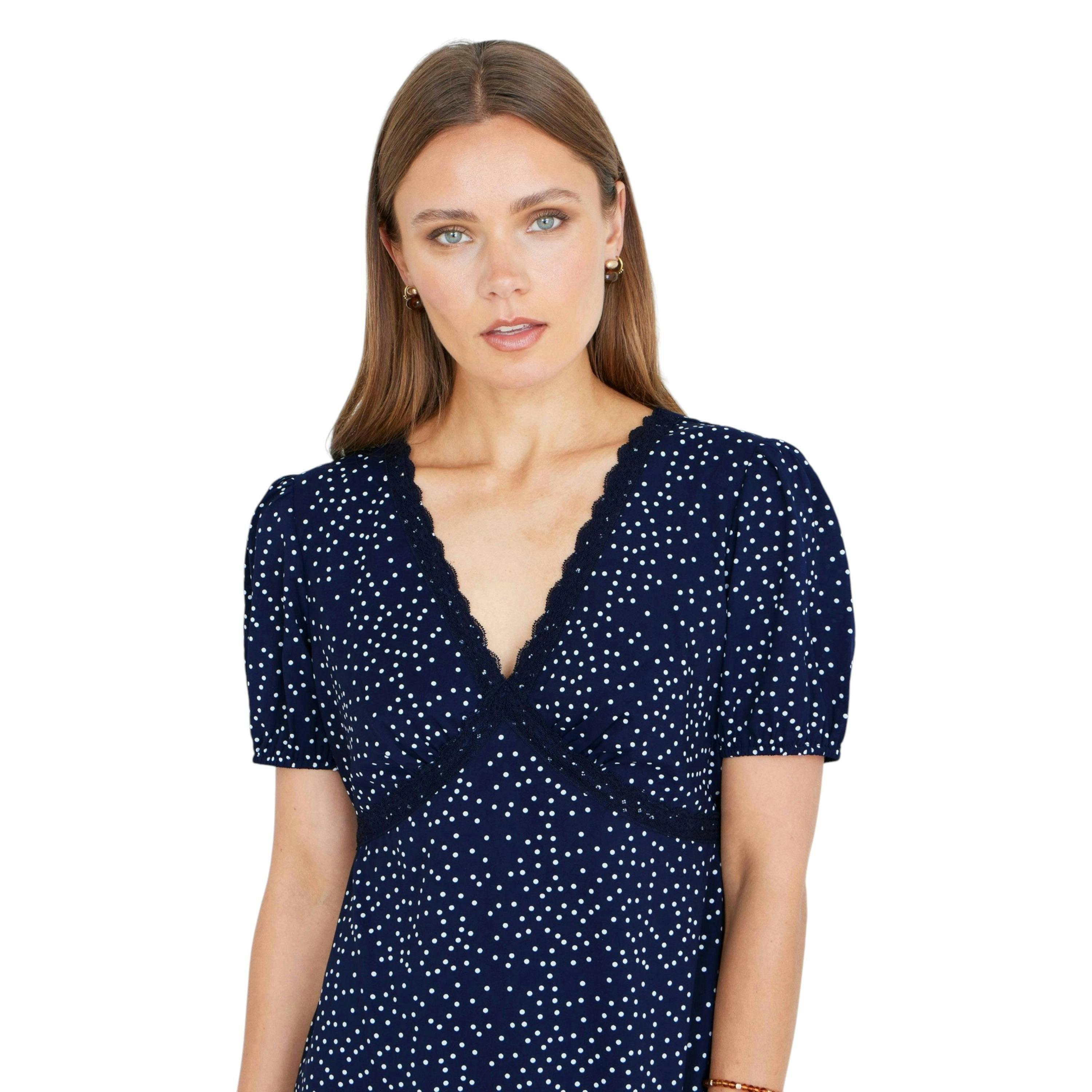 Yumi Navy Spot Print Lace Trim Skater Dress , view 2 of 6