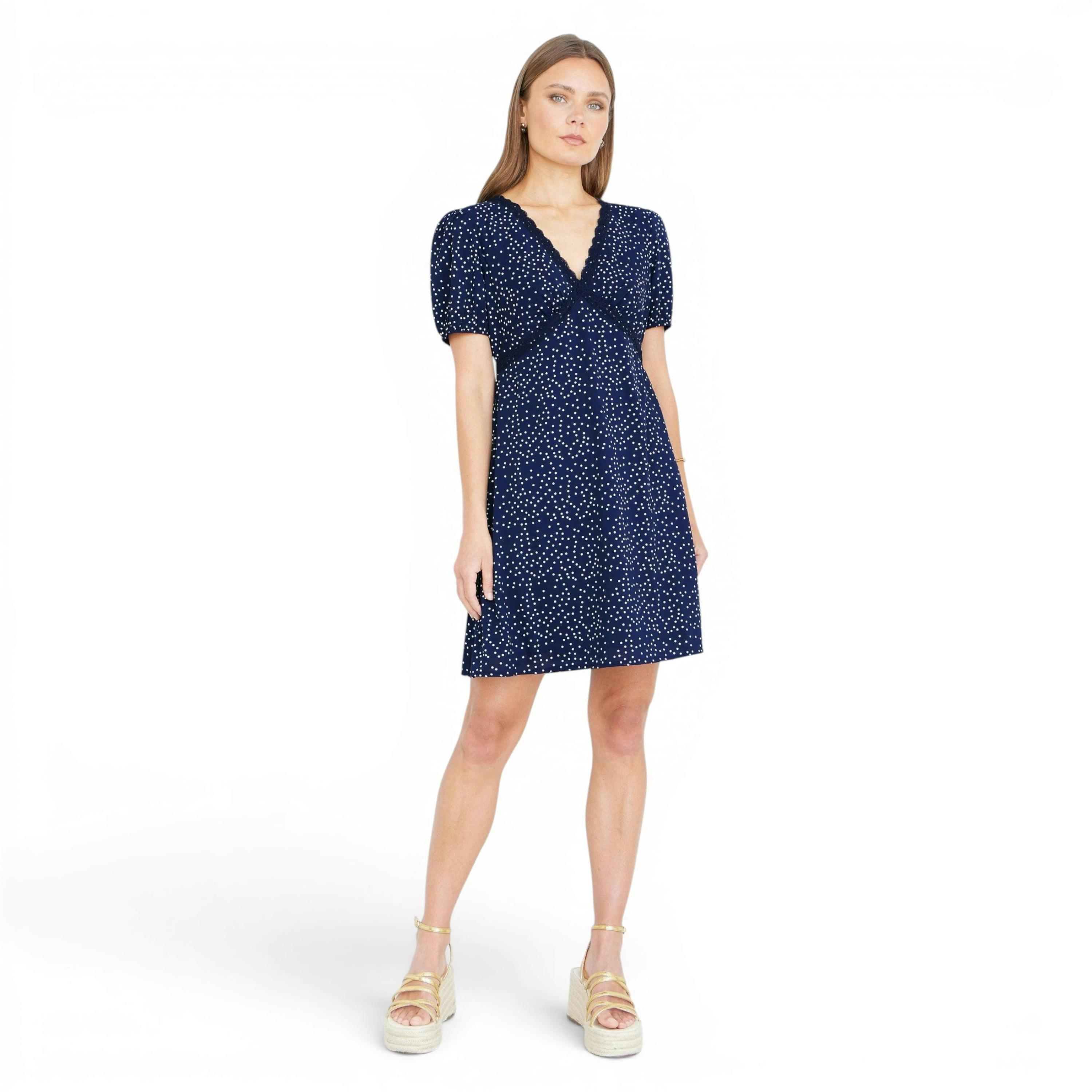 Yumi Navy Spot Print Lace Trim Skater Dress , view 3 of 6