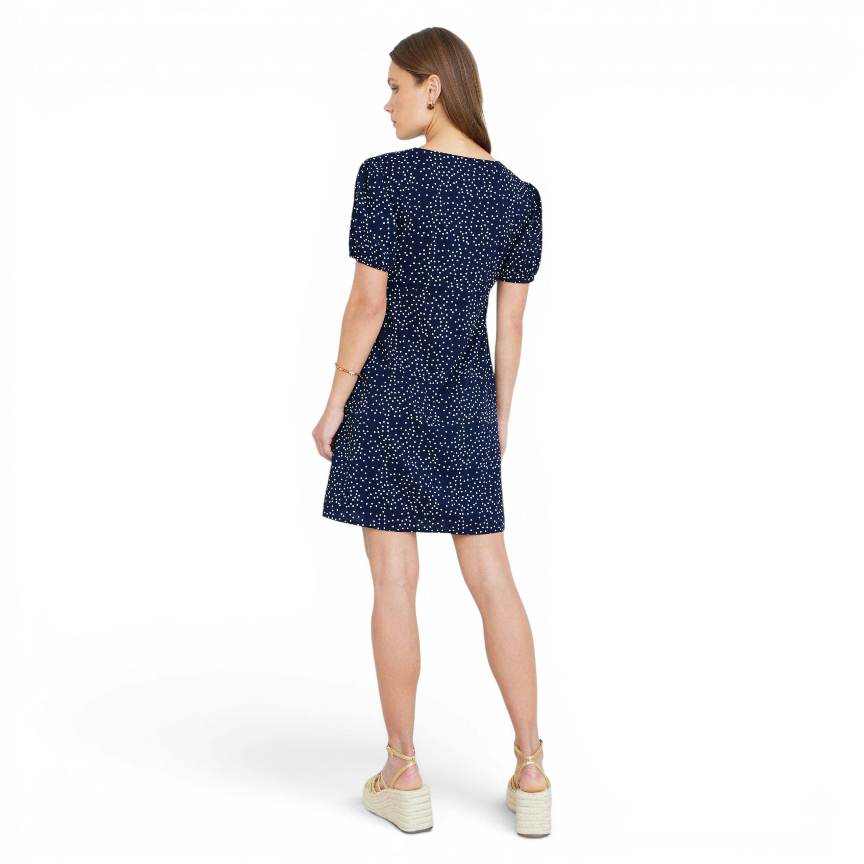 Yumi Navy Spot Print Lace Trim Skater Dress , view 4 of 6