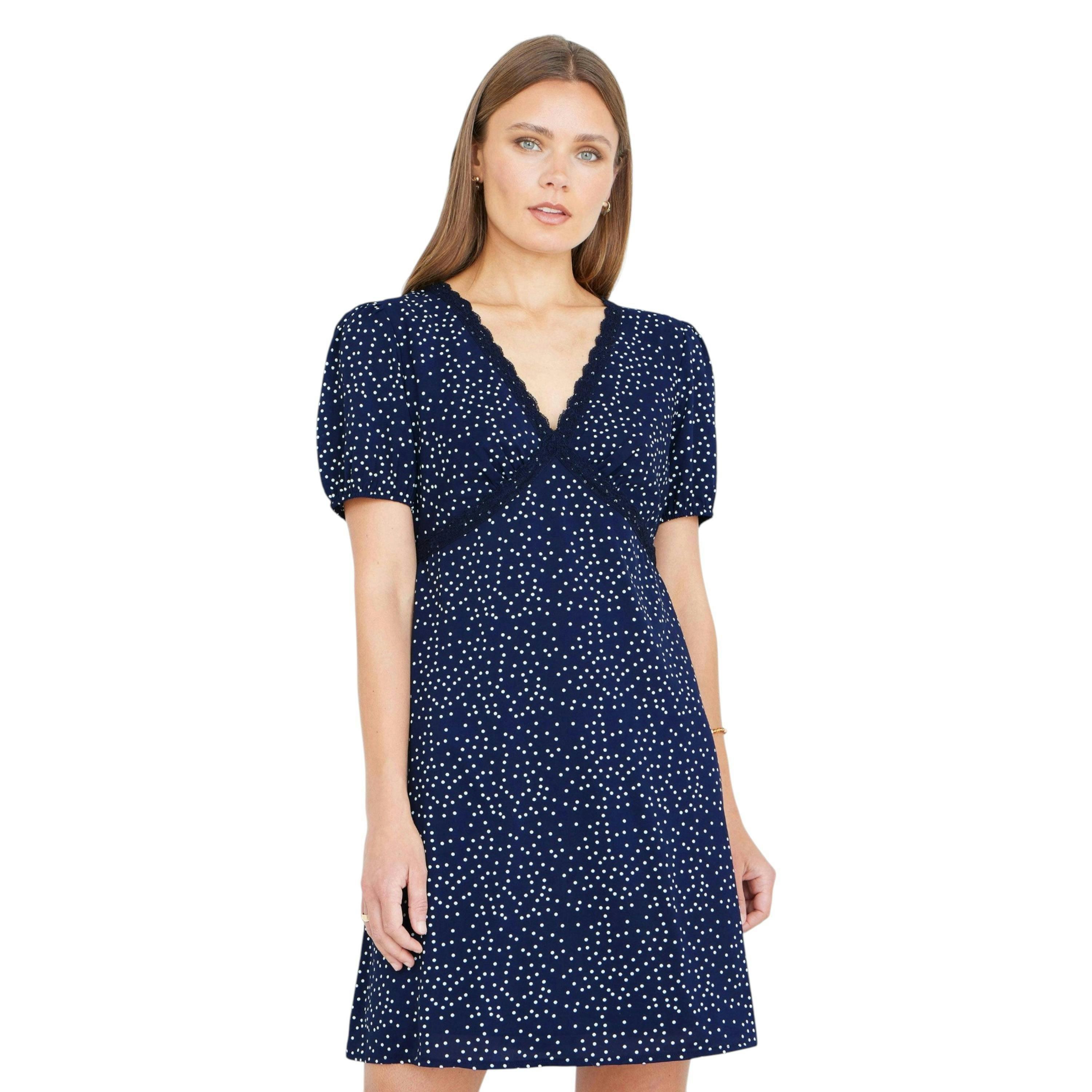 Yumi Navy Spot Print Lace Trim Skater Dress , view 5 of 6