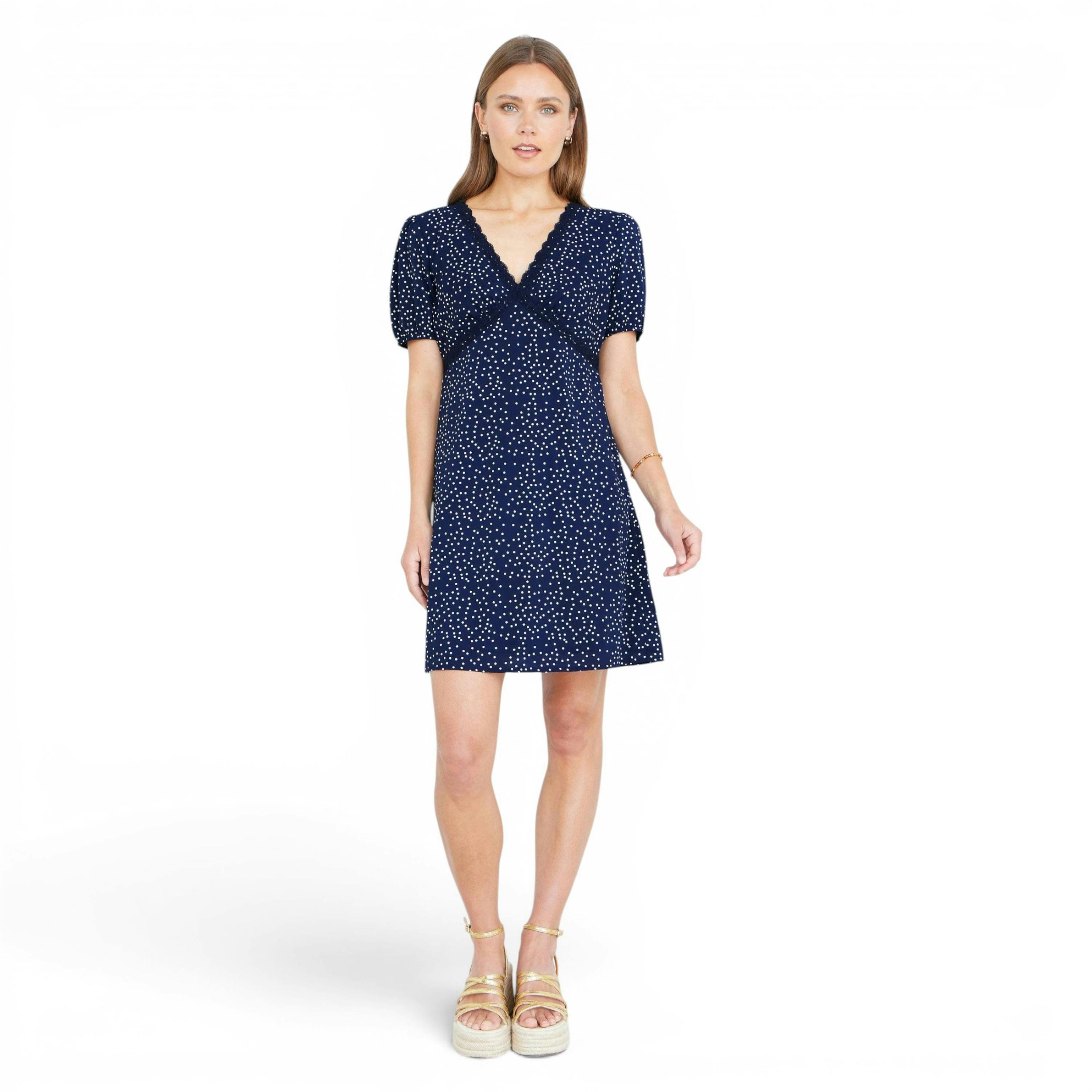 Yumi Navy Spot Print Lace Trim Skater Dress , view 6 of 6