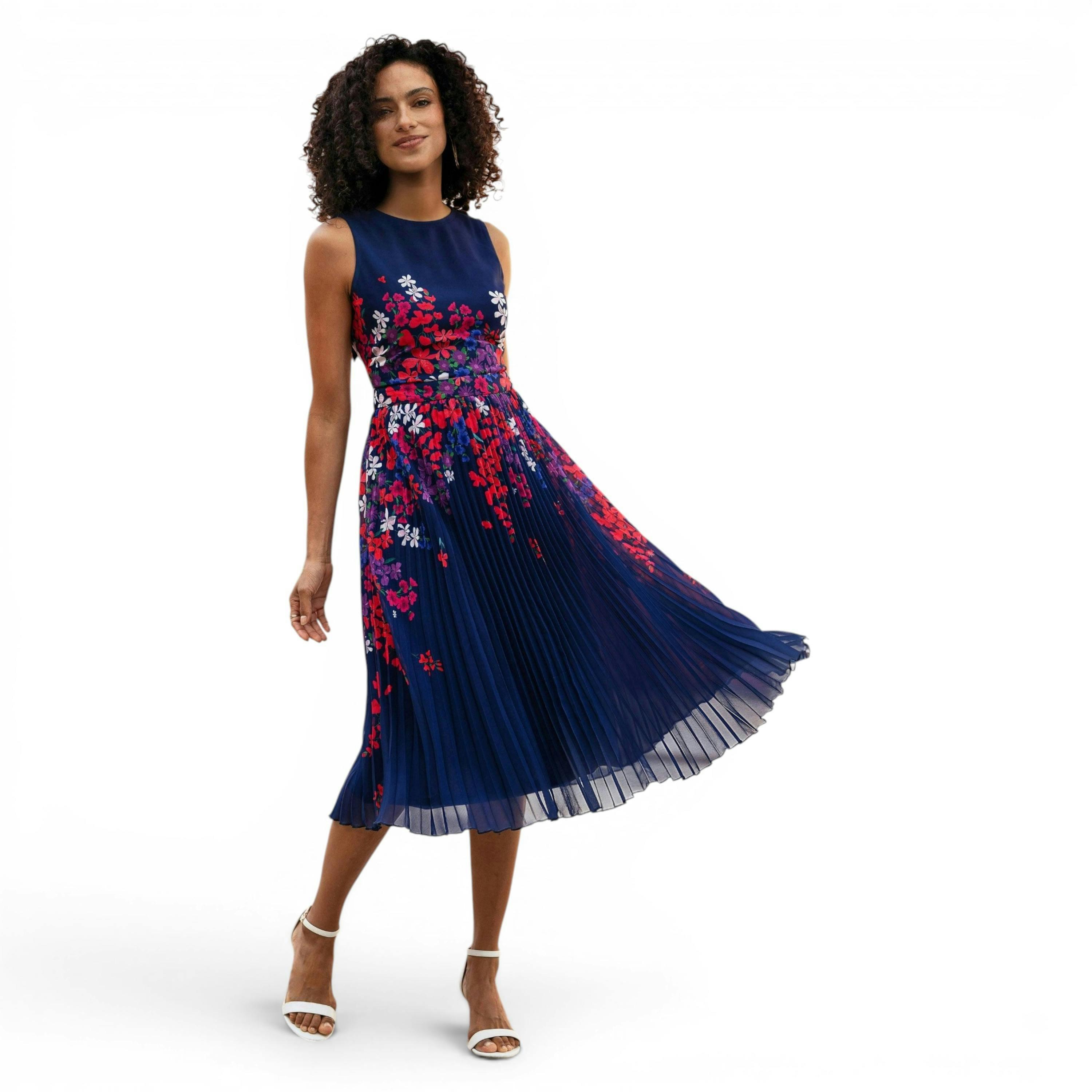 Yumi Navy Border Floral Print Midi Dress With Pleats , view 1 of 6