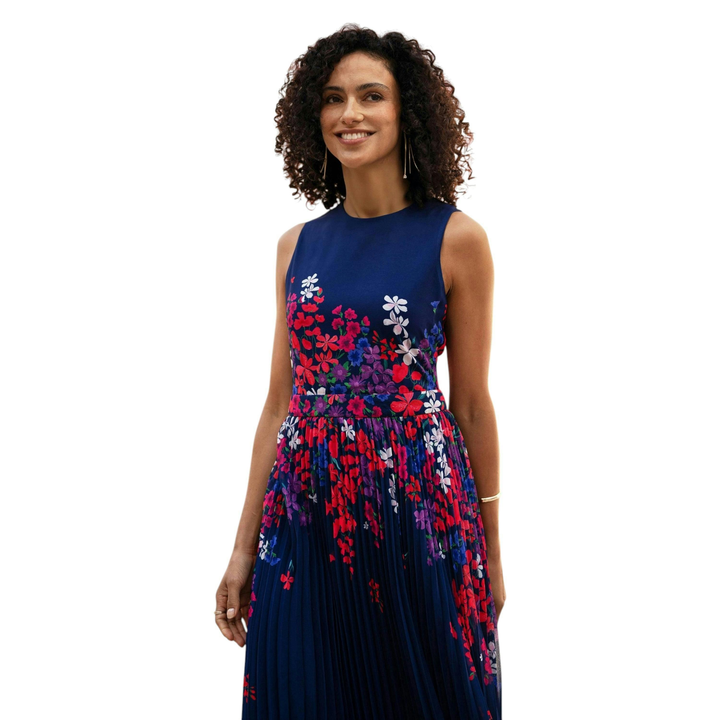 Yumi Navy Border Floral Print Midi Dress With Pleats , view 2 of 6