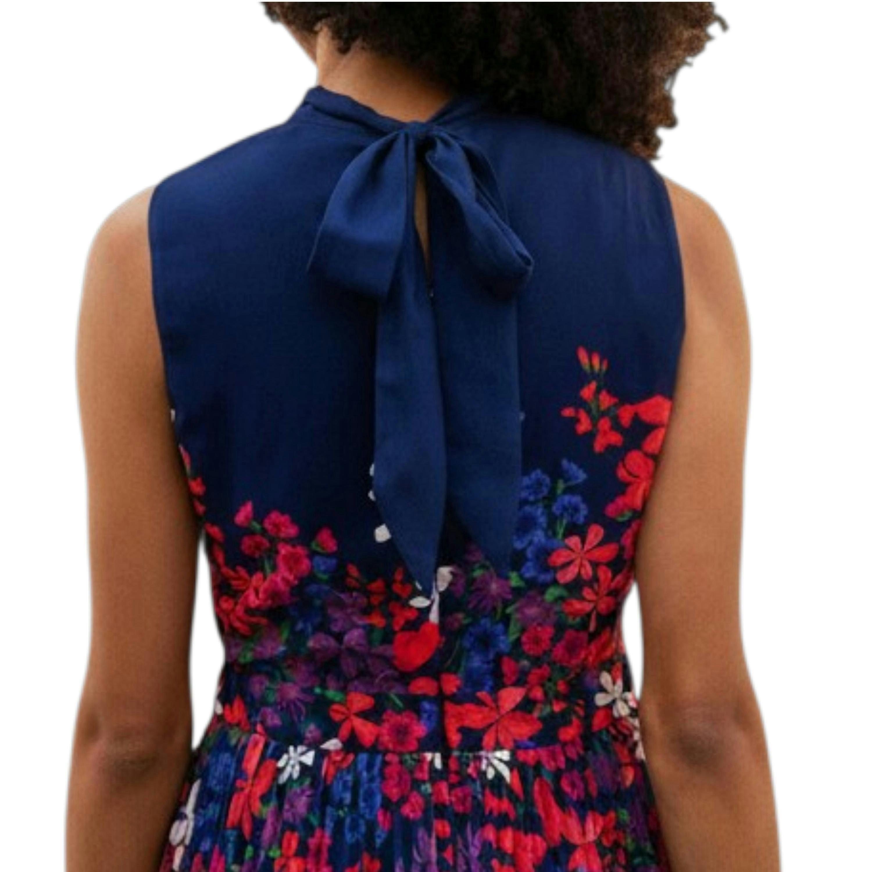 Yumi Navy Border Floral Print Midi Dress With Pleats , view 3 of 6