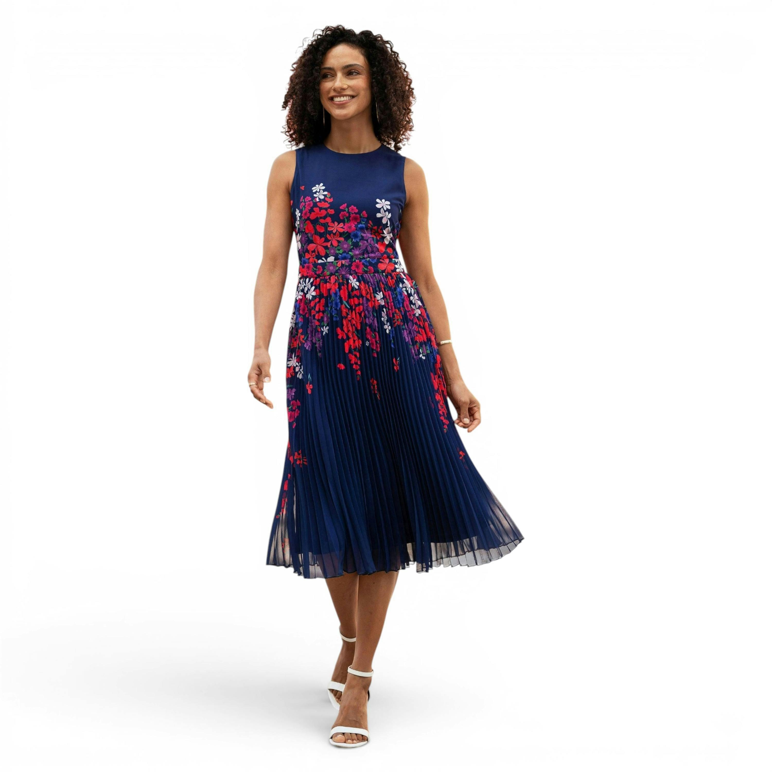 Yumi Navy Border Floral Print Midi Dress With Pleats , view 4 of 6