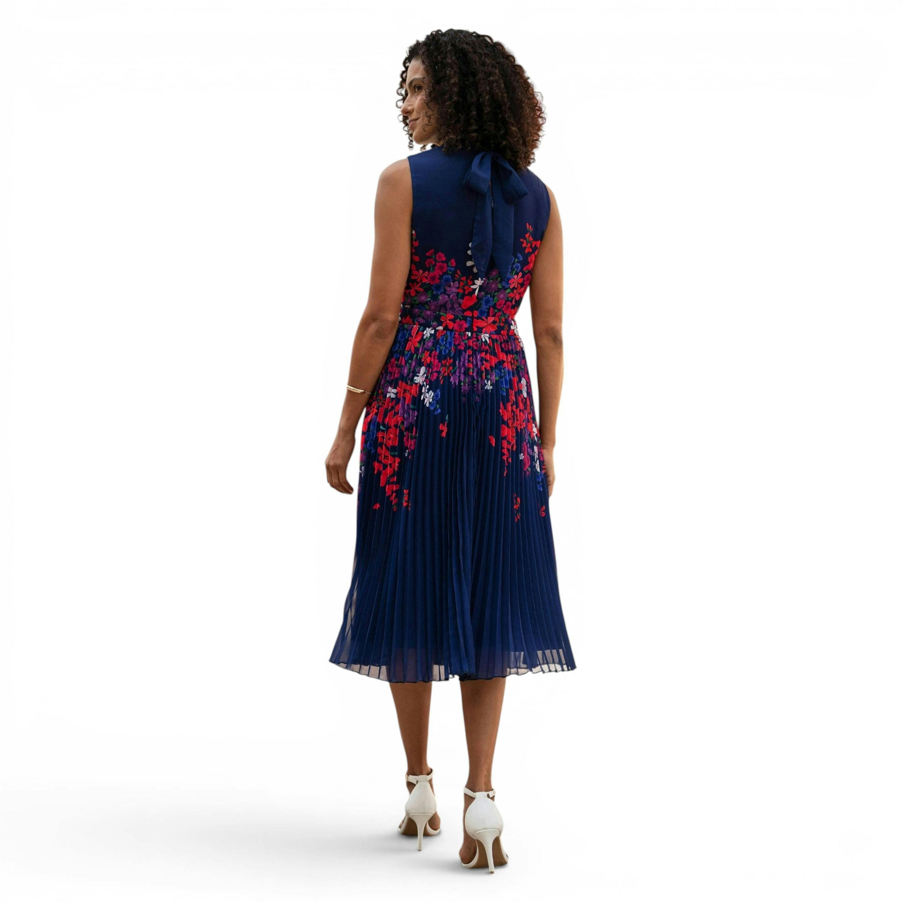 Yumi Navy Border Floral Print Midi Dress With Pleats , view 5 of 6