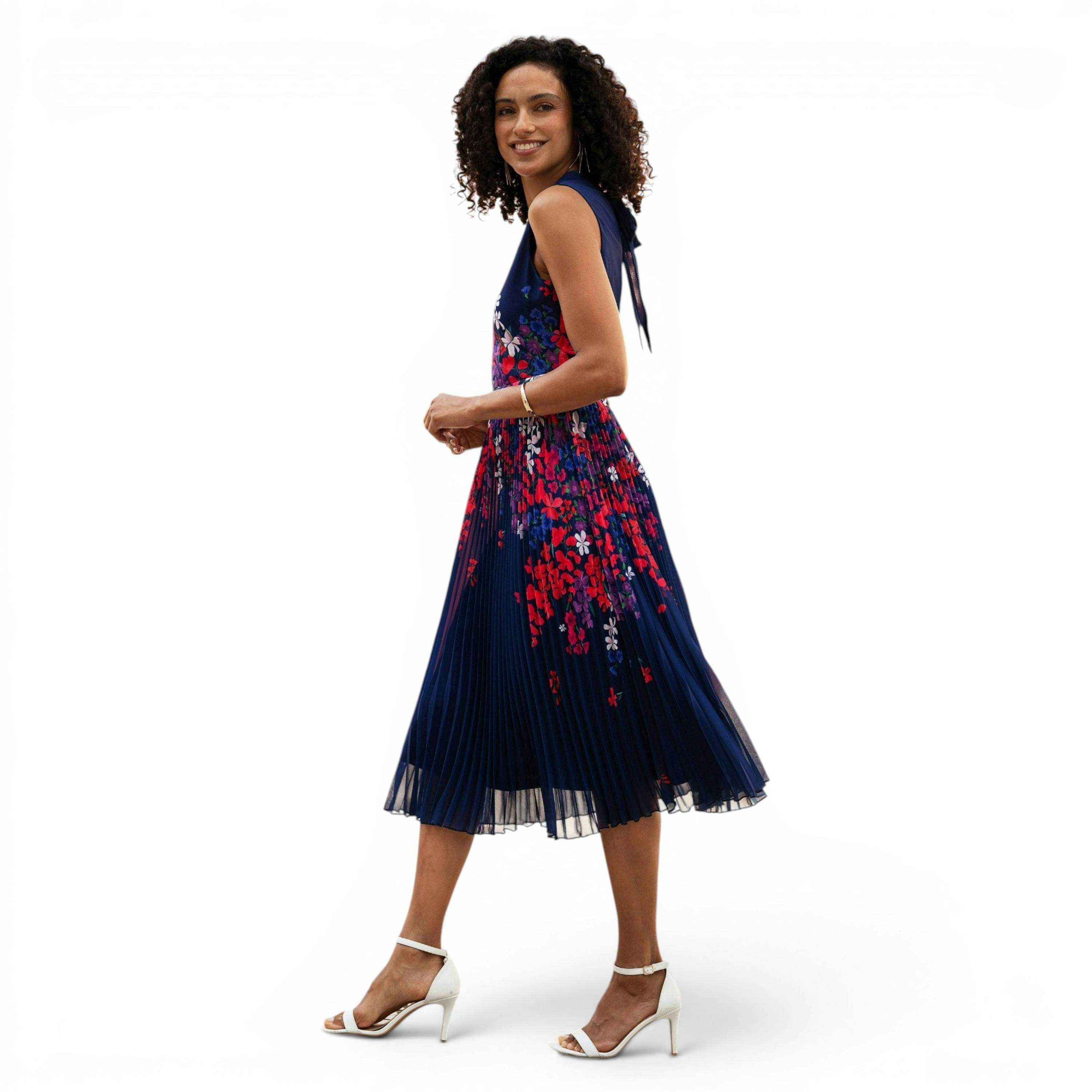 Yumi Navy Border Floral Print Midi Dress With Pleats , view 6 of 6