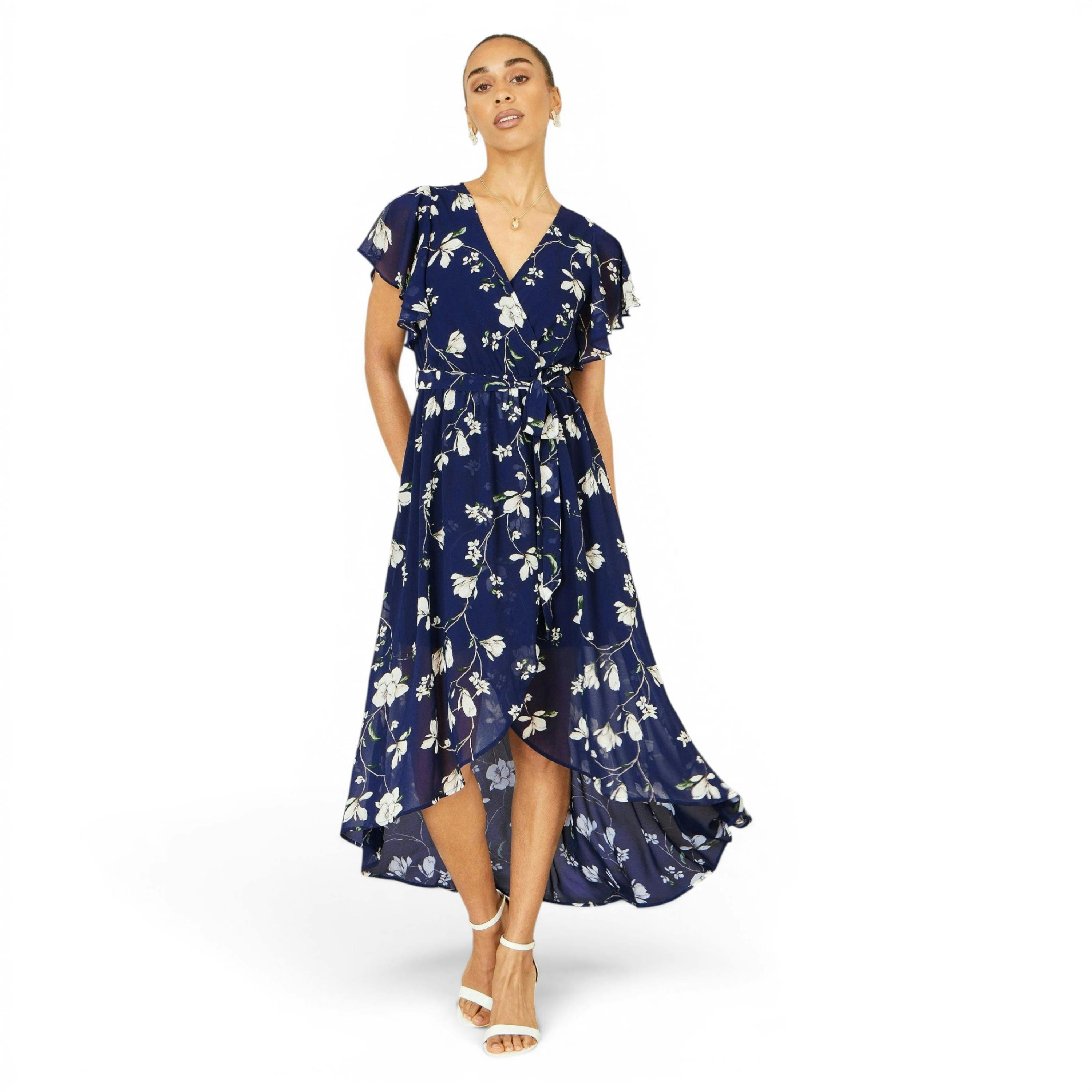 Yumi Navy Floral Wrap Midi Dress With Frill Hem , view 1 of 6