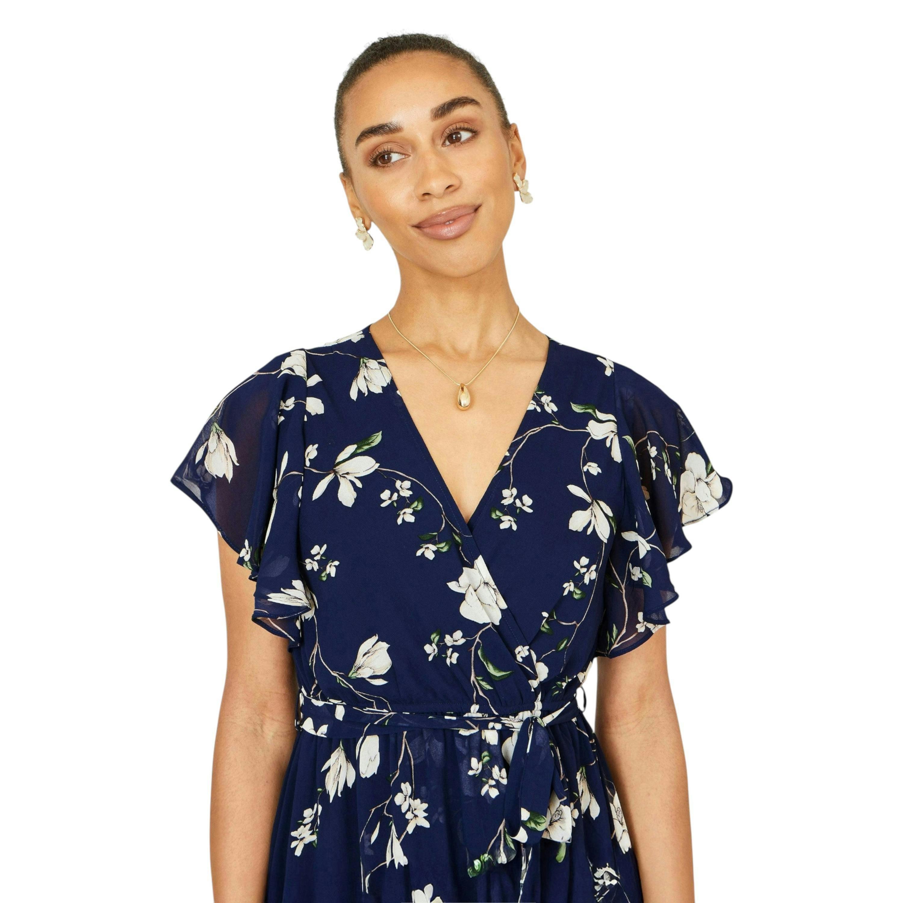 Yumi Navy Floral Wrap Midi Dress With Frill Hem , view 2 of 6