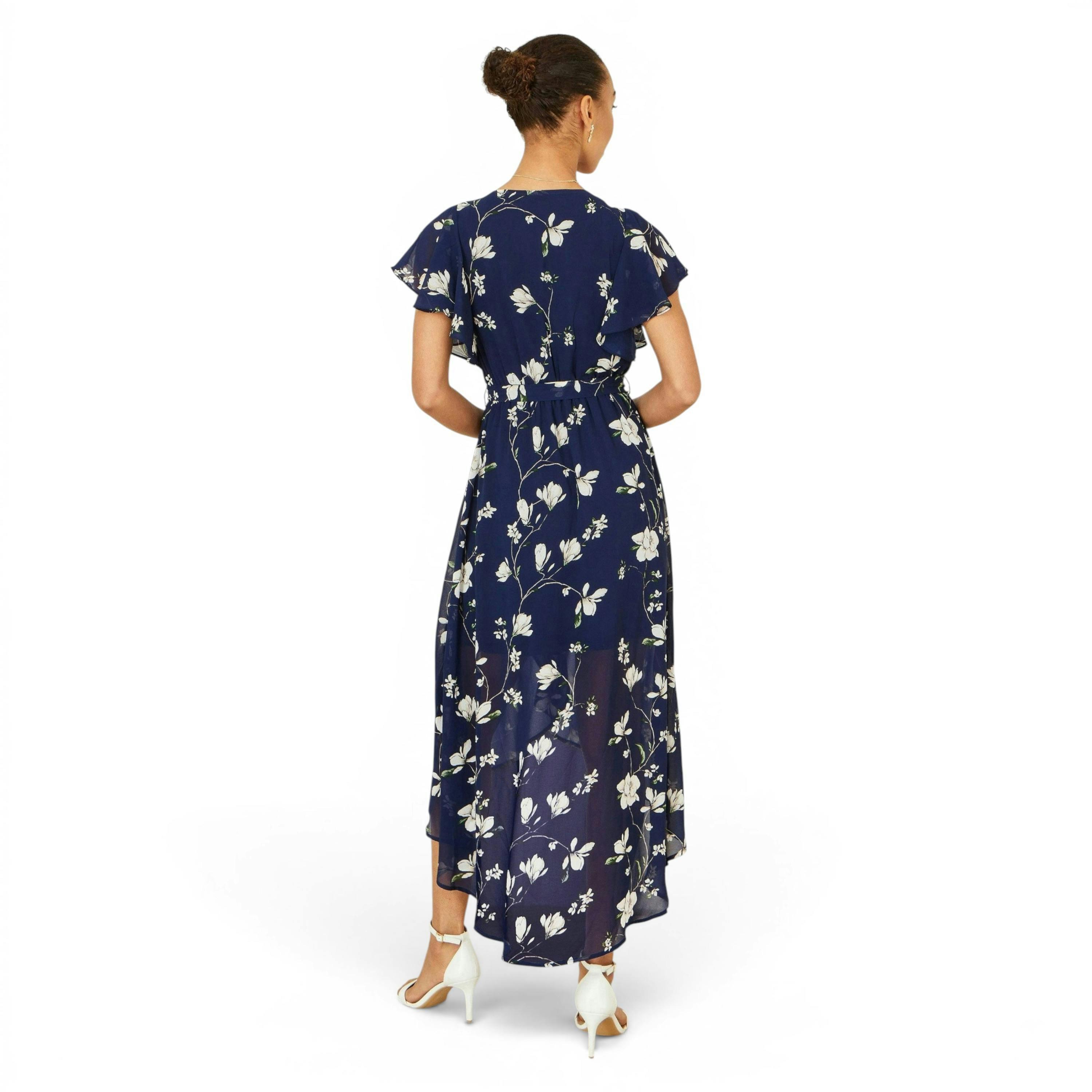Yumi Navy Floral Wrap Midi Dress With Frill Hem , view 3 of 6