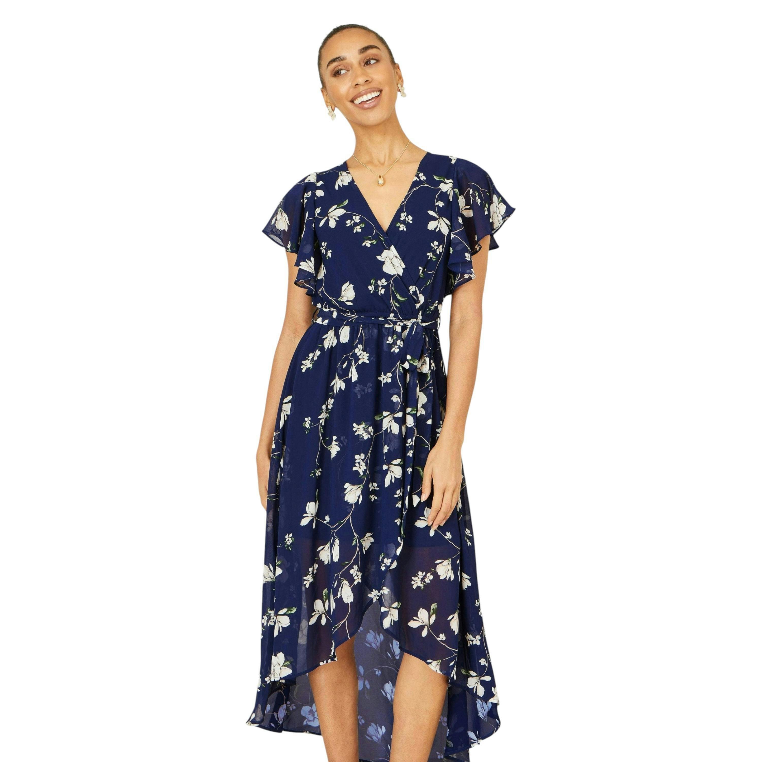 Yumi Navy Floral Wrap Midi Dress With Frill Hem , view 4 of 6