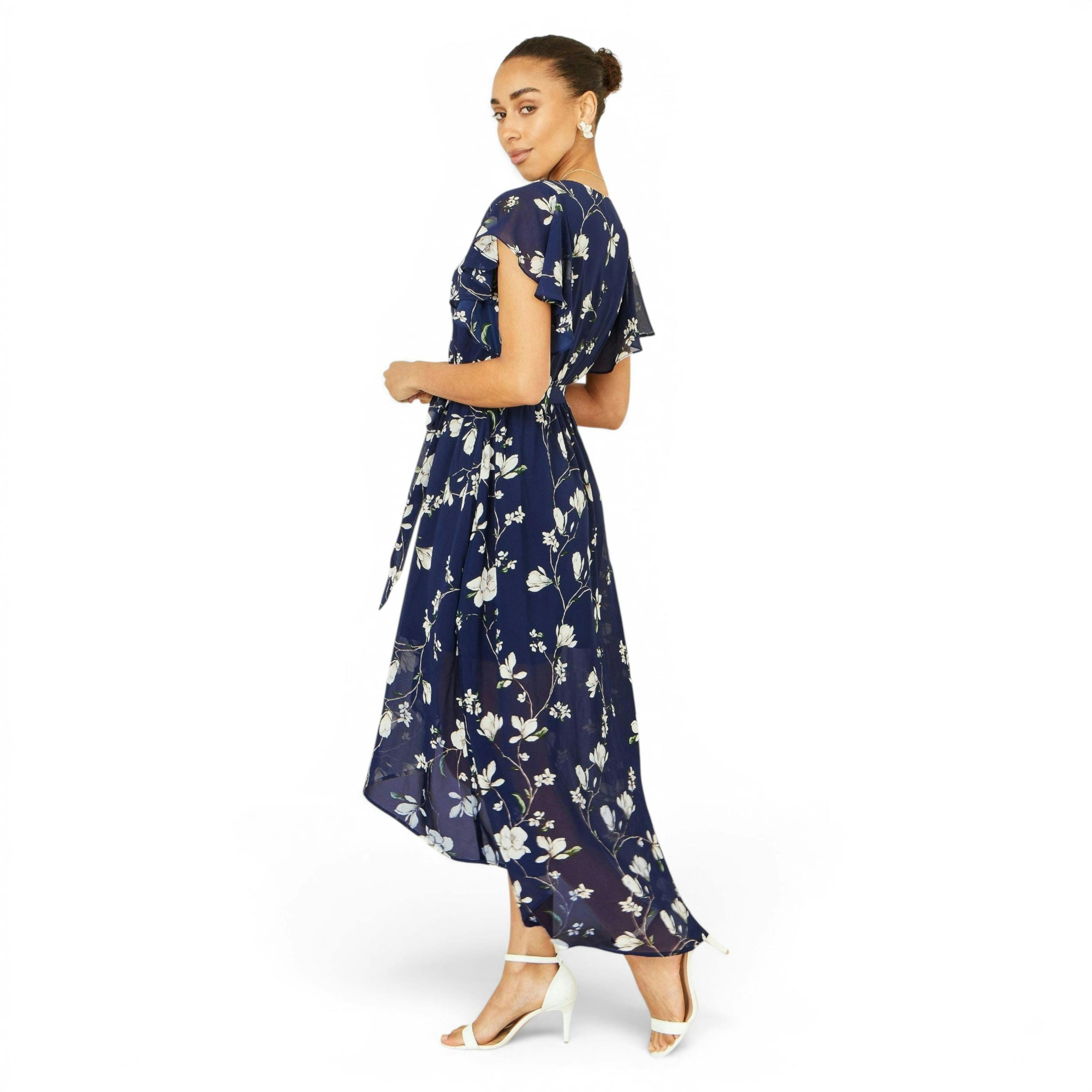Yumi Navy Floral Wrap Midi Dress With Frill Hem , view 5 of 6