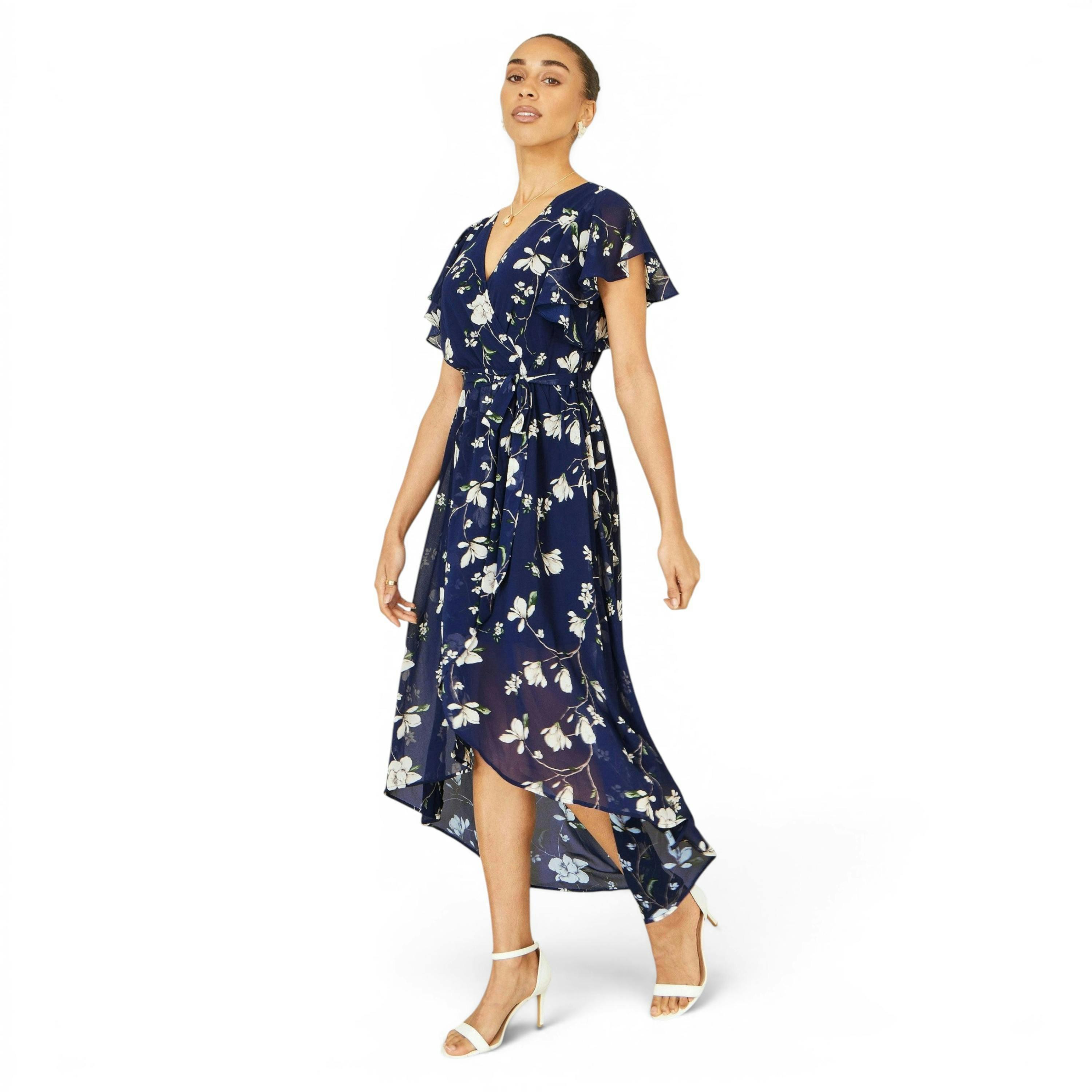 Yumi Navy Floral Wrap Midi Dress With Frill Hem , view 6 of 6