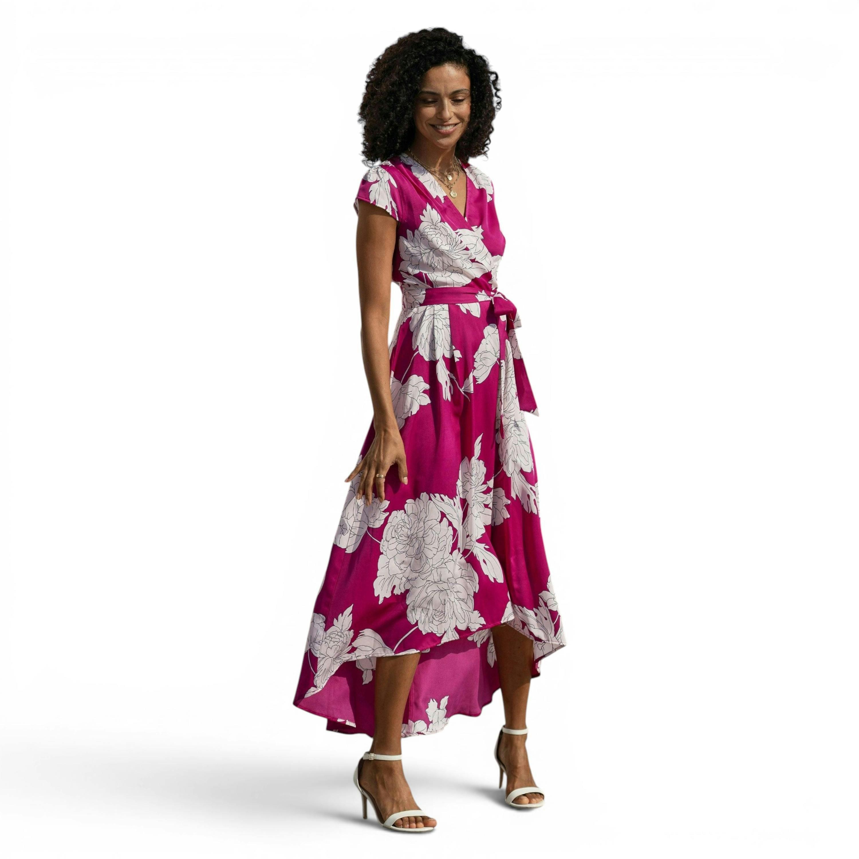 Pink Blossom Print Wrap Dress With Dipped Hem , view 1 of 6