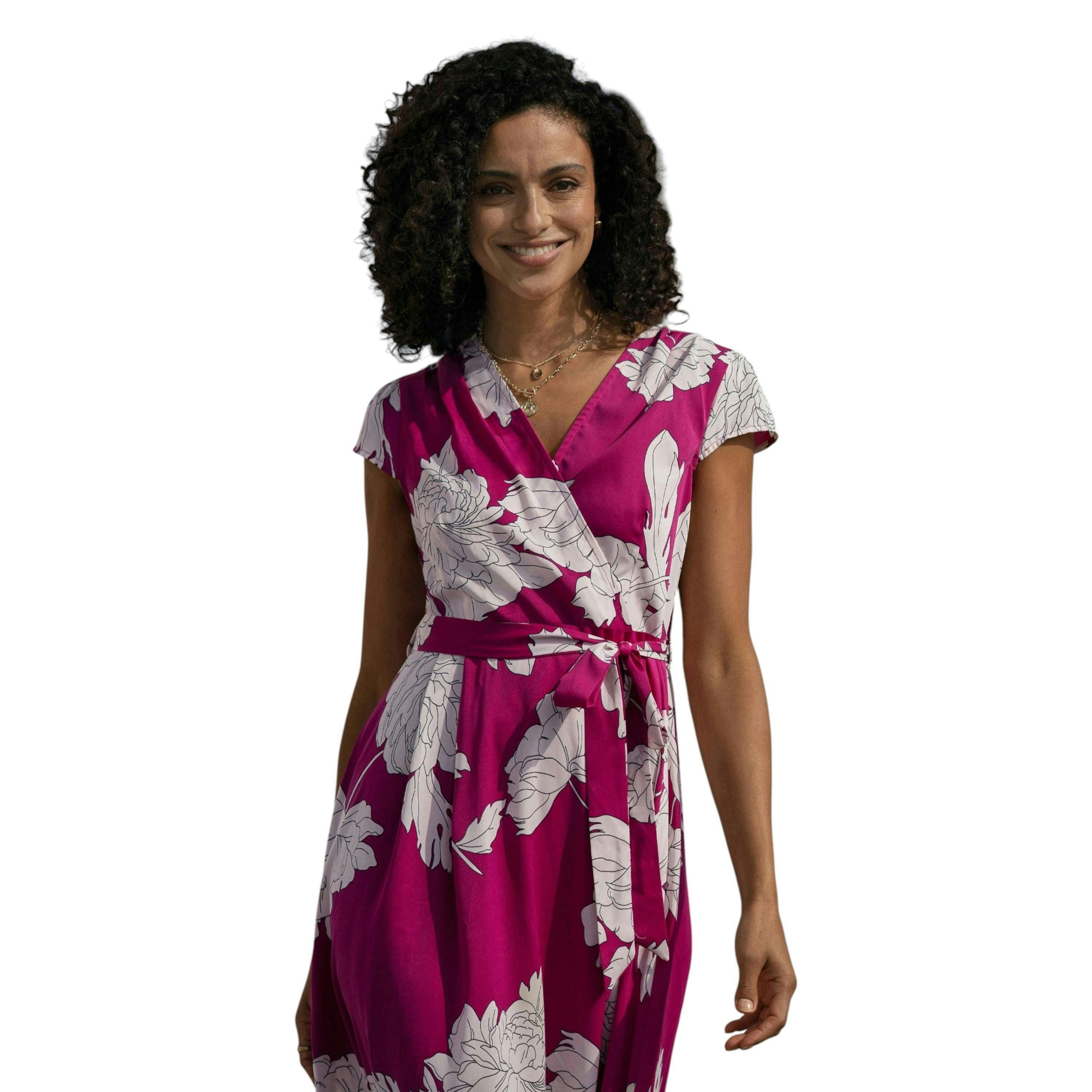 Pink Blossom Print Wrap Dress With Dipped Hem , view 2 of 6