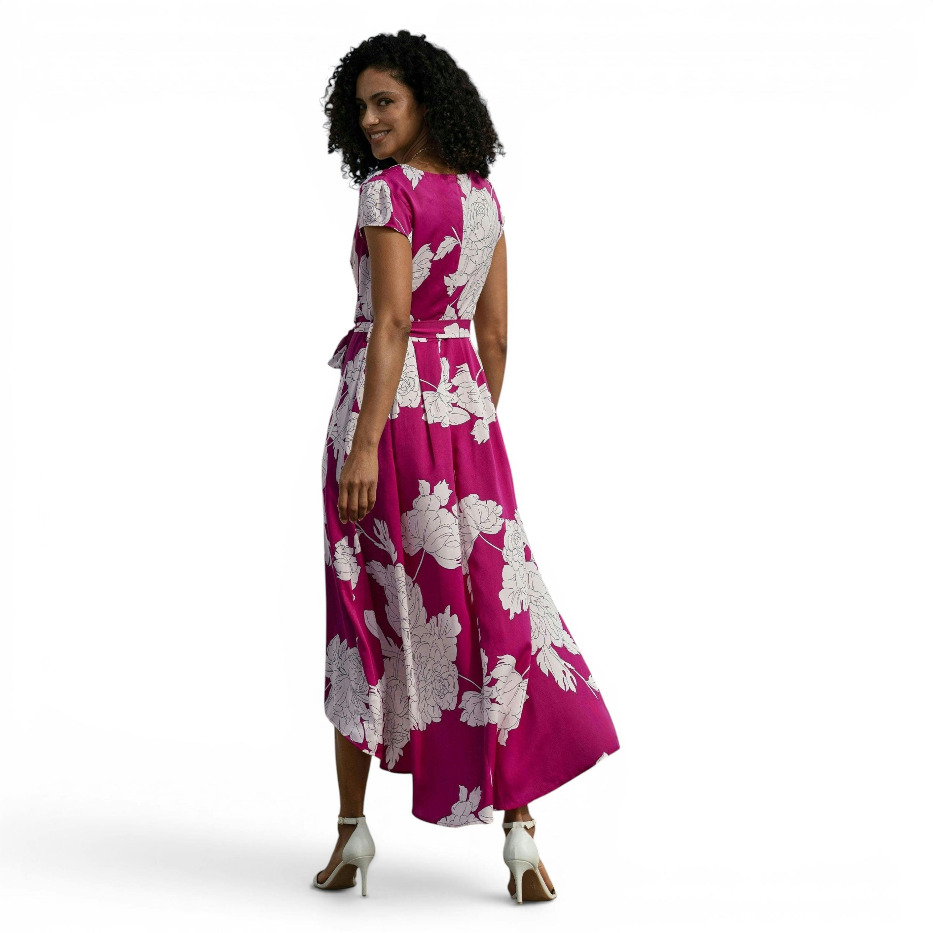 Pink Blossom Print Wrap Dress With Dipped Hem , view 3 of 6