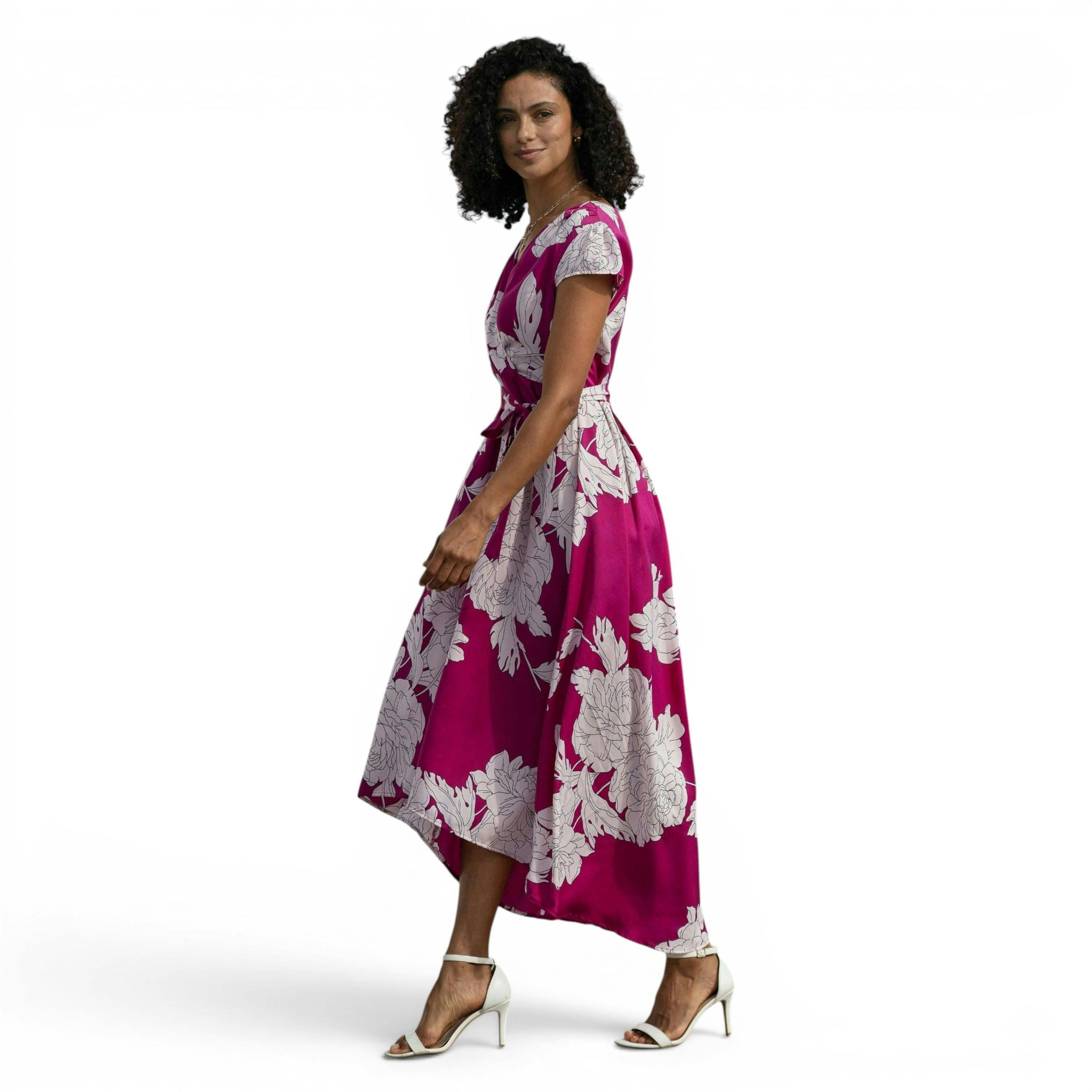 Pink Blossom Print Wrap Dress With Dipped Hem , view 5 of 6