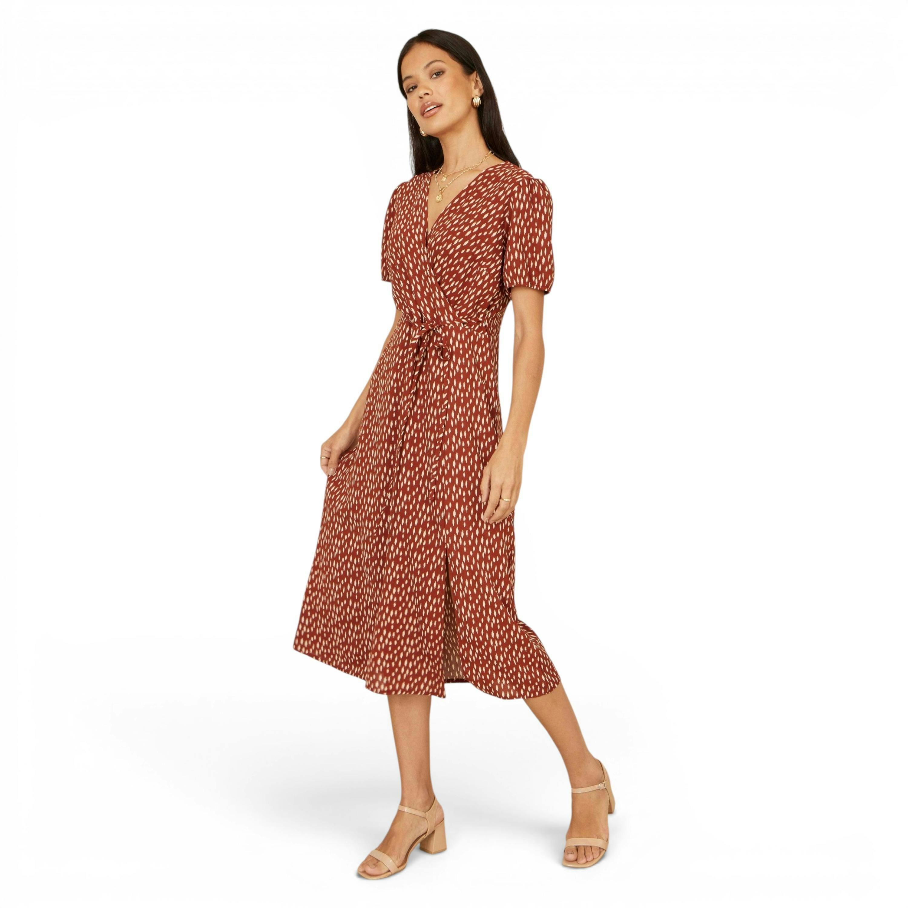Yumi Brown Spot Wrap Midi Dress , view 1 of 6
