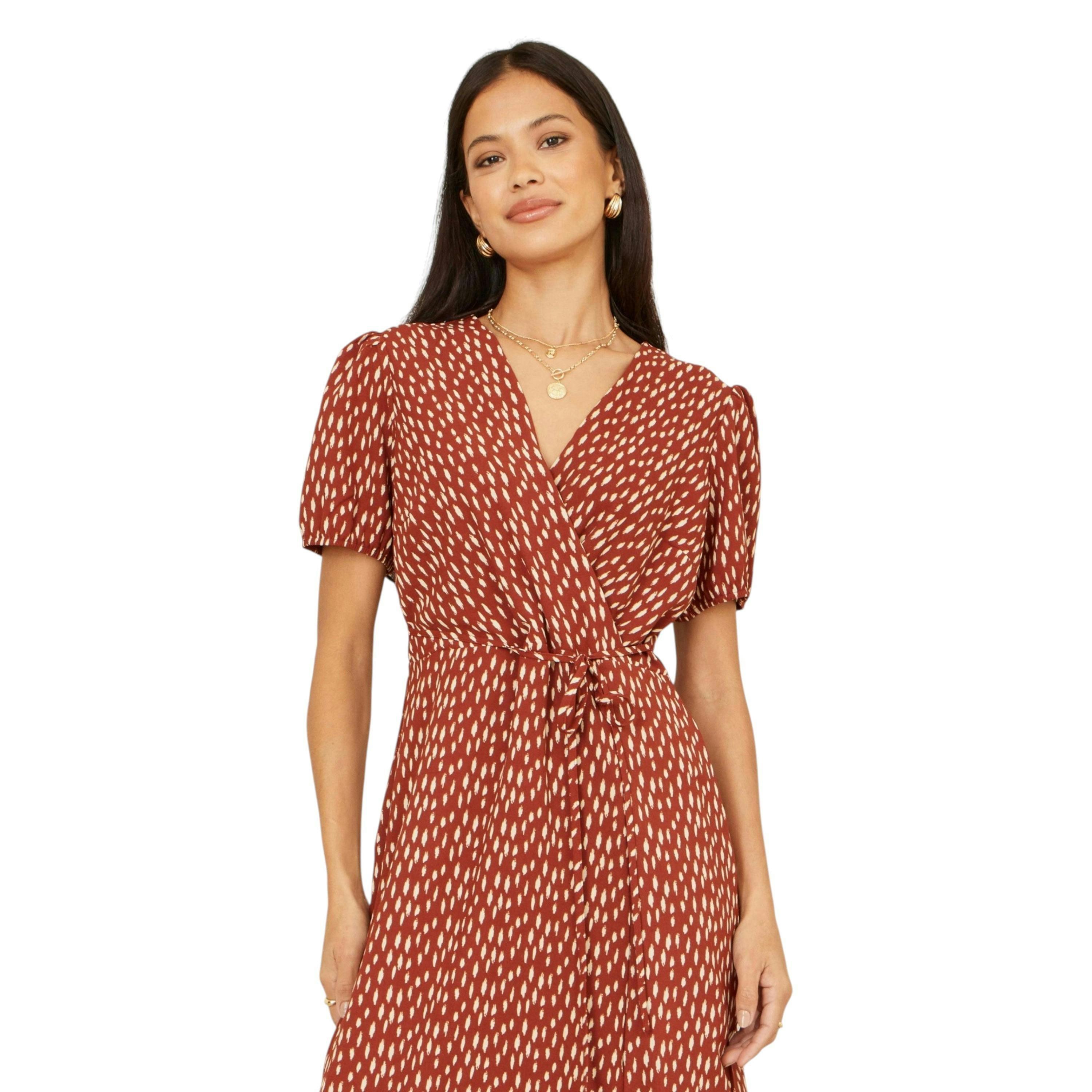 Yumi Brown Spot Wrap Midi Dress , view 2 of 6
