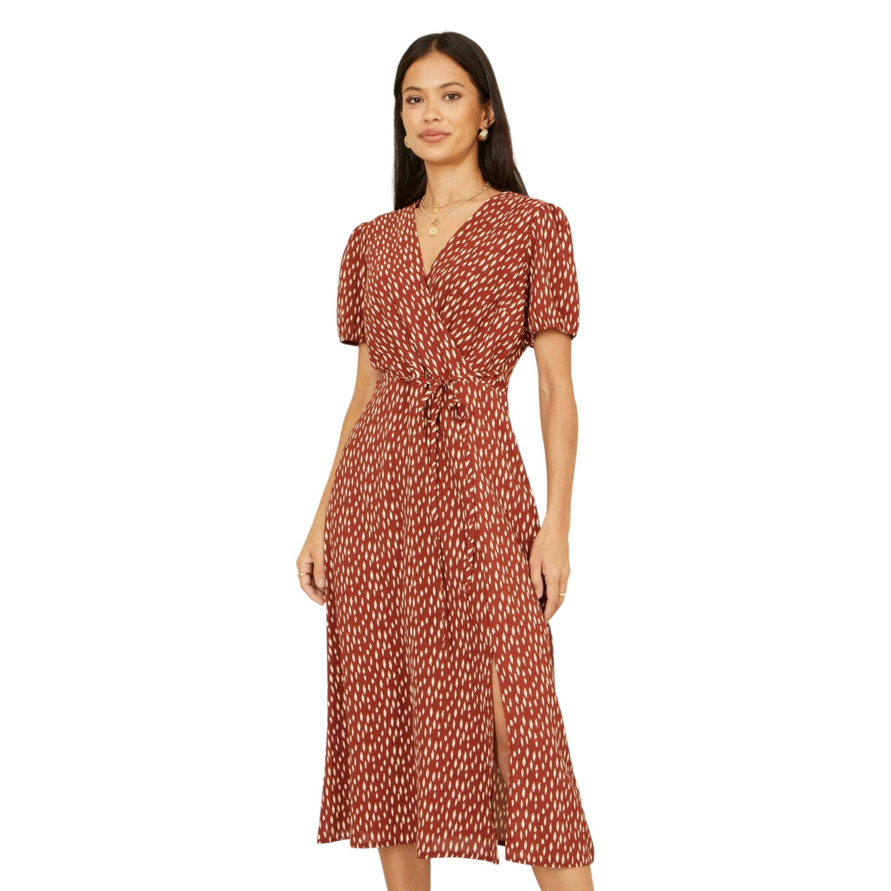 Yumi Brown Spot Wrap Midi Dress , view 3 of 6