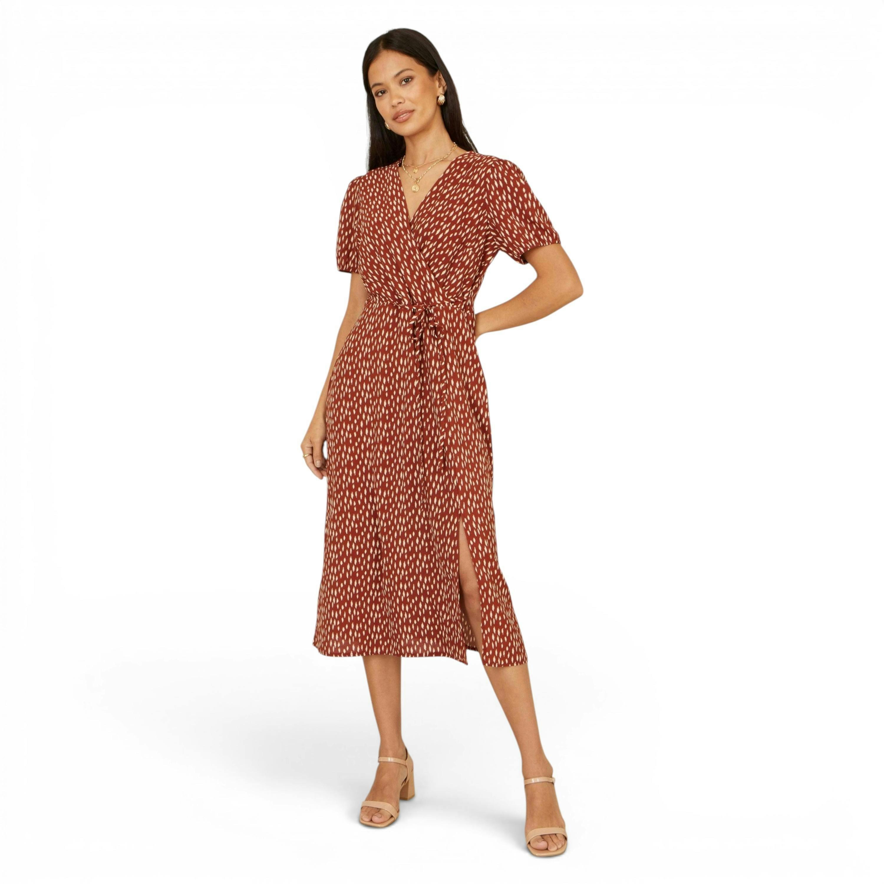Yumi Brown Spot Wrap Midi Dress , view 5 of 6