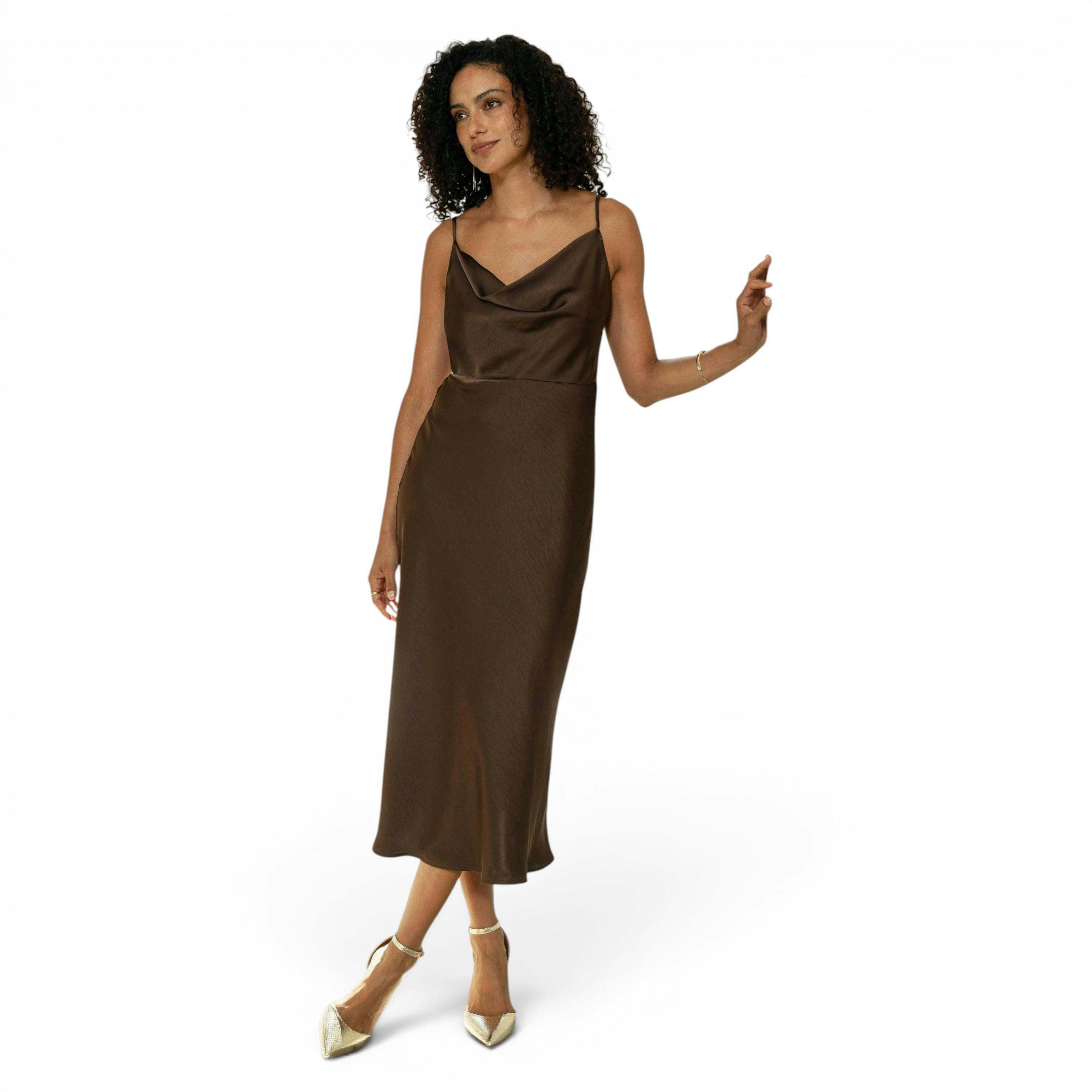 Yumi Brown Satin Cowl Neck Midi Slip Dress , view 1 of 6