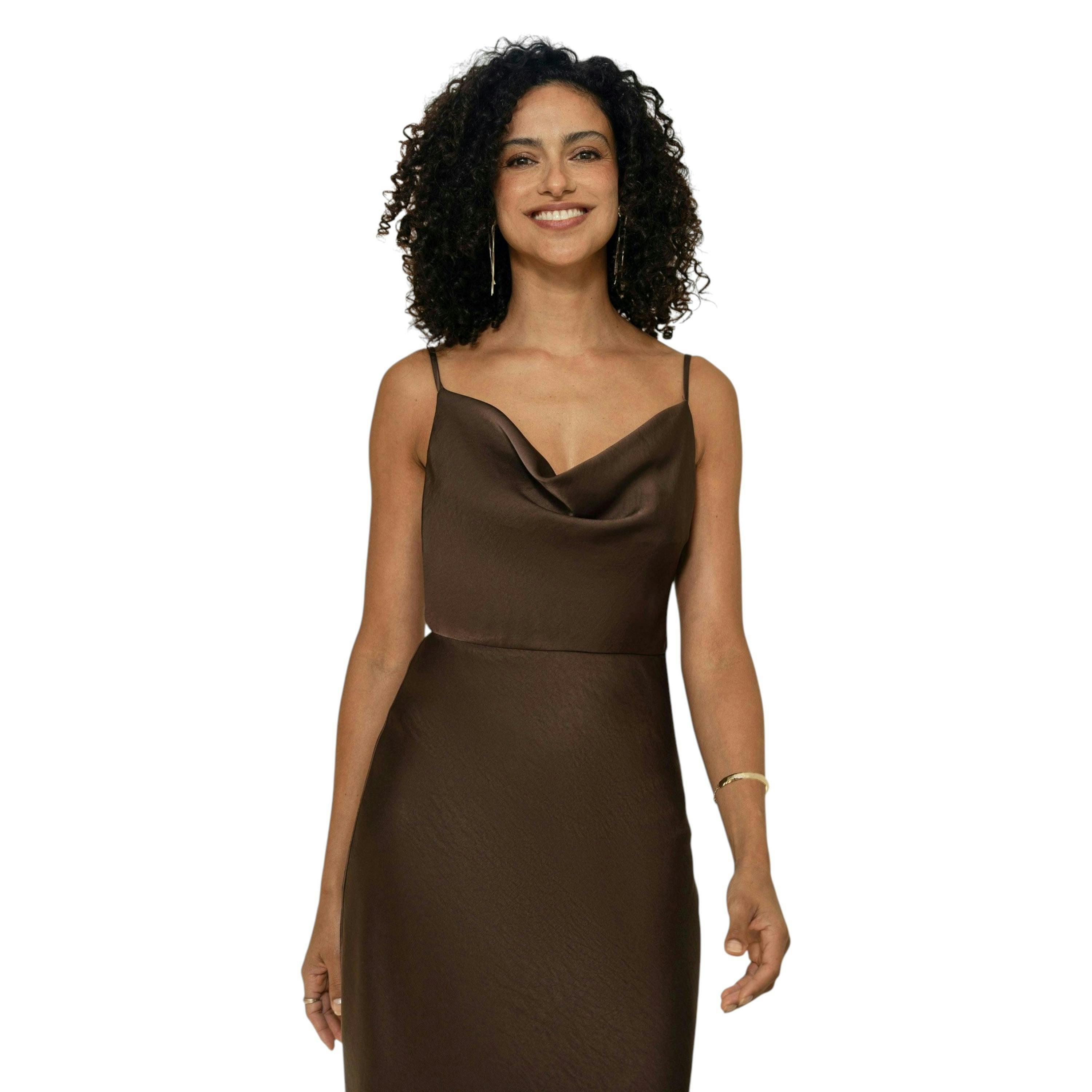 Yumi Brown Satin Cowl Neck Midi Slip Dress , view 2 of 6