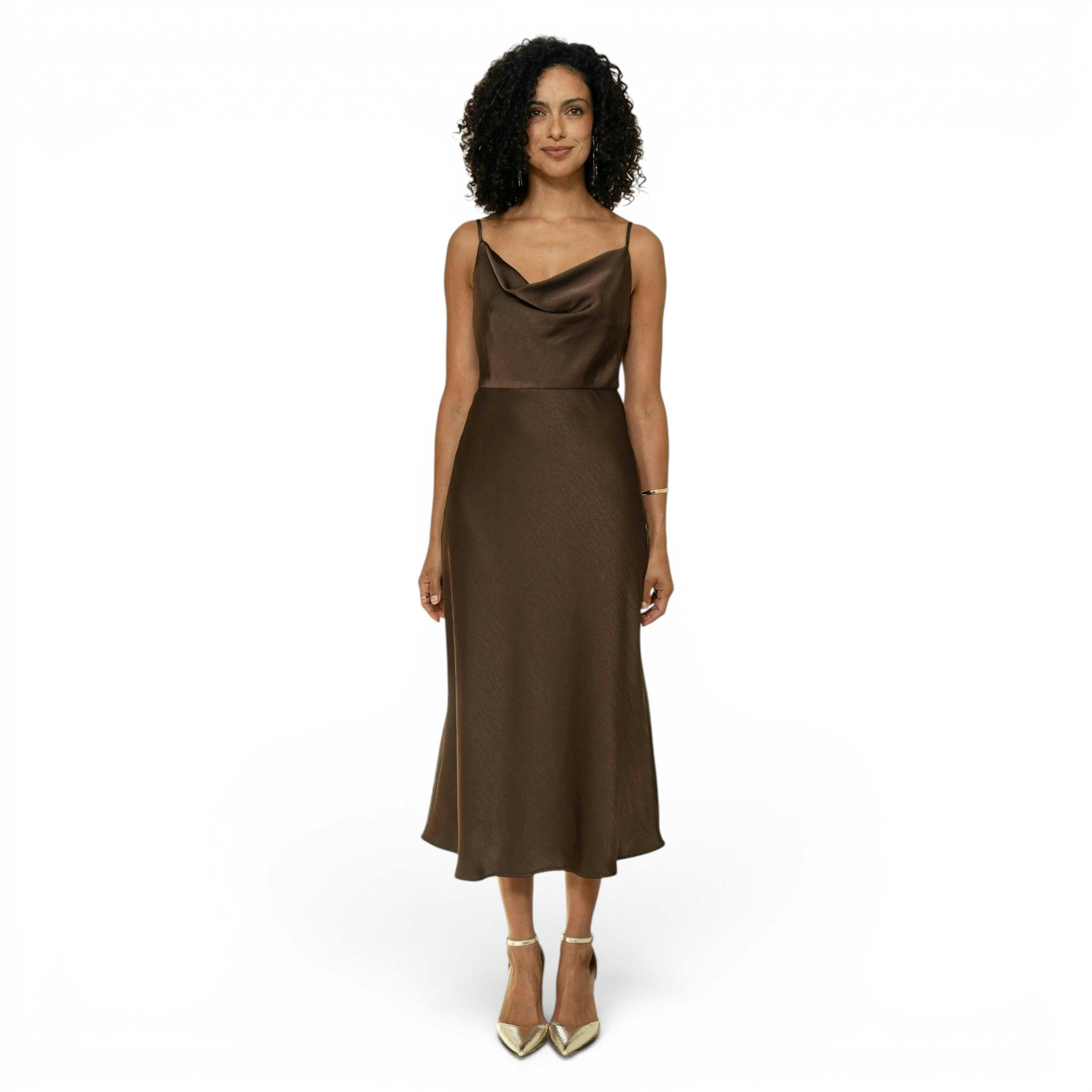 Yumi Brown Satin Cowl Neck Midi Slip Dress , view 3 of 6