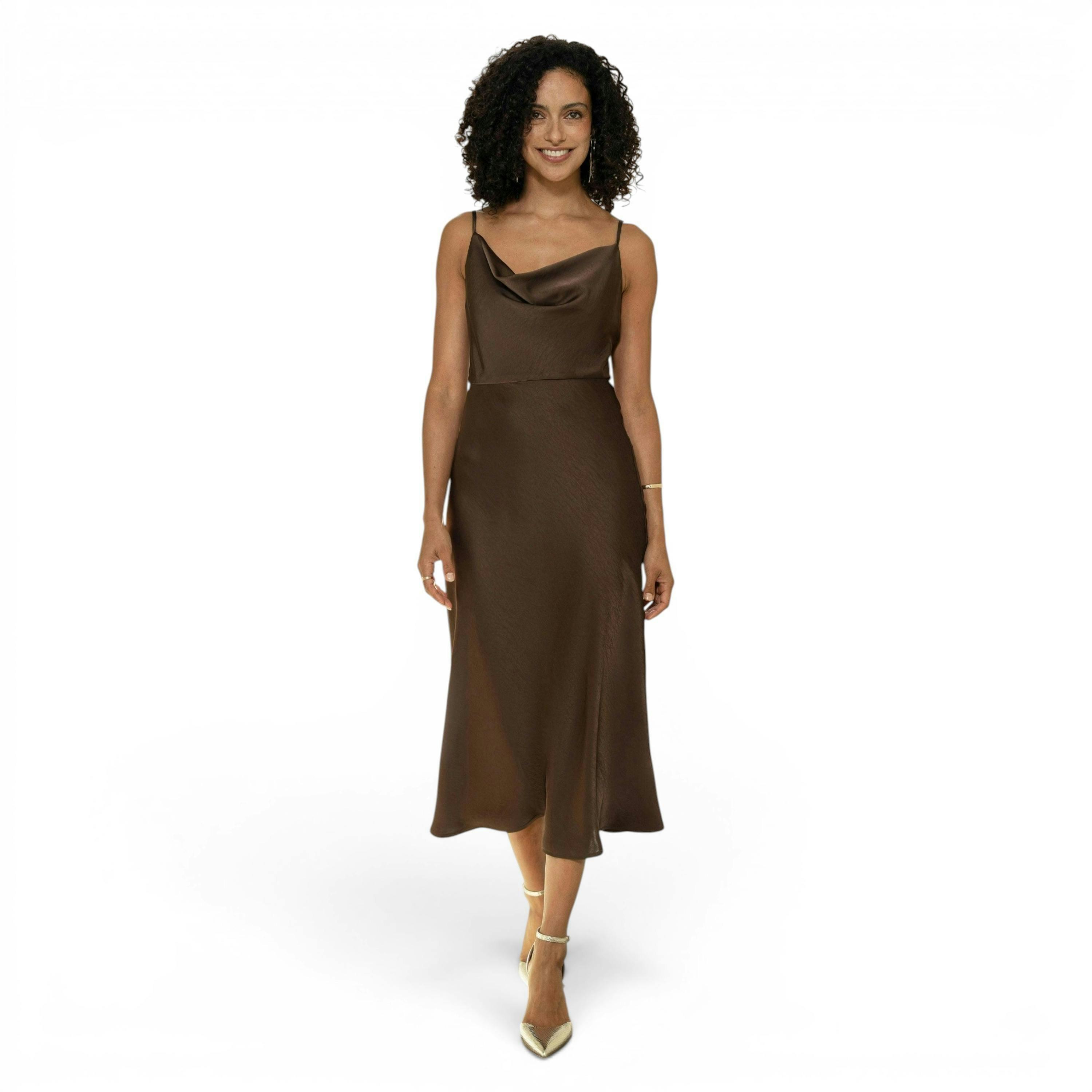 Yumi Brown Satin Cowl Neck Midi Slip Dress , view 4 of 6