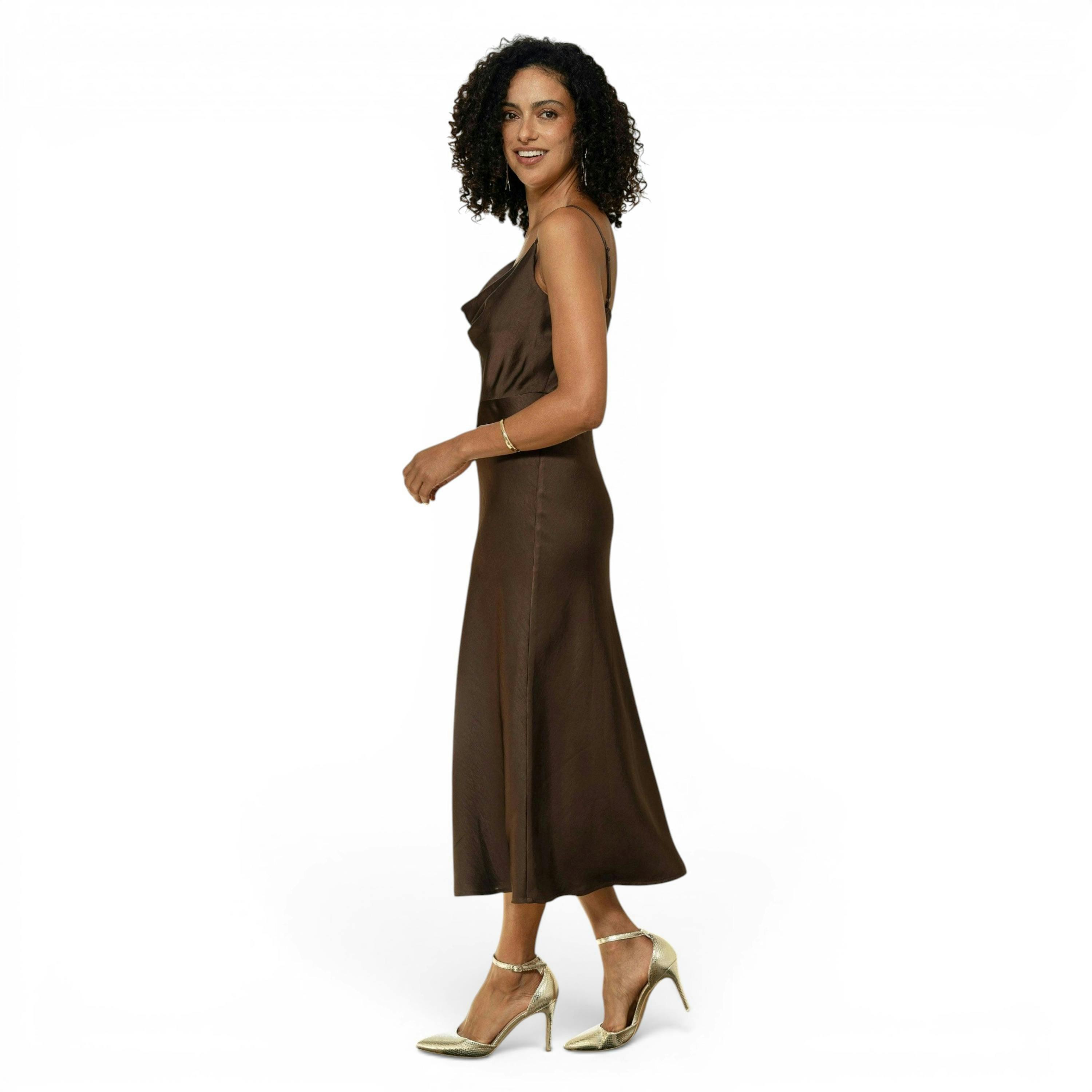 Yumi Brown Satin Cowl Neck Midi Slip Dress , view 6 of 6