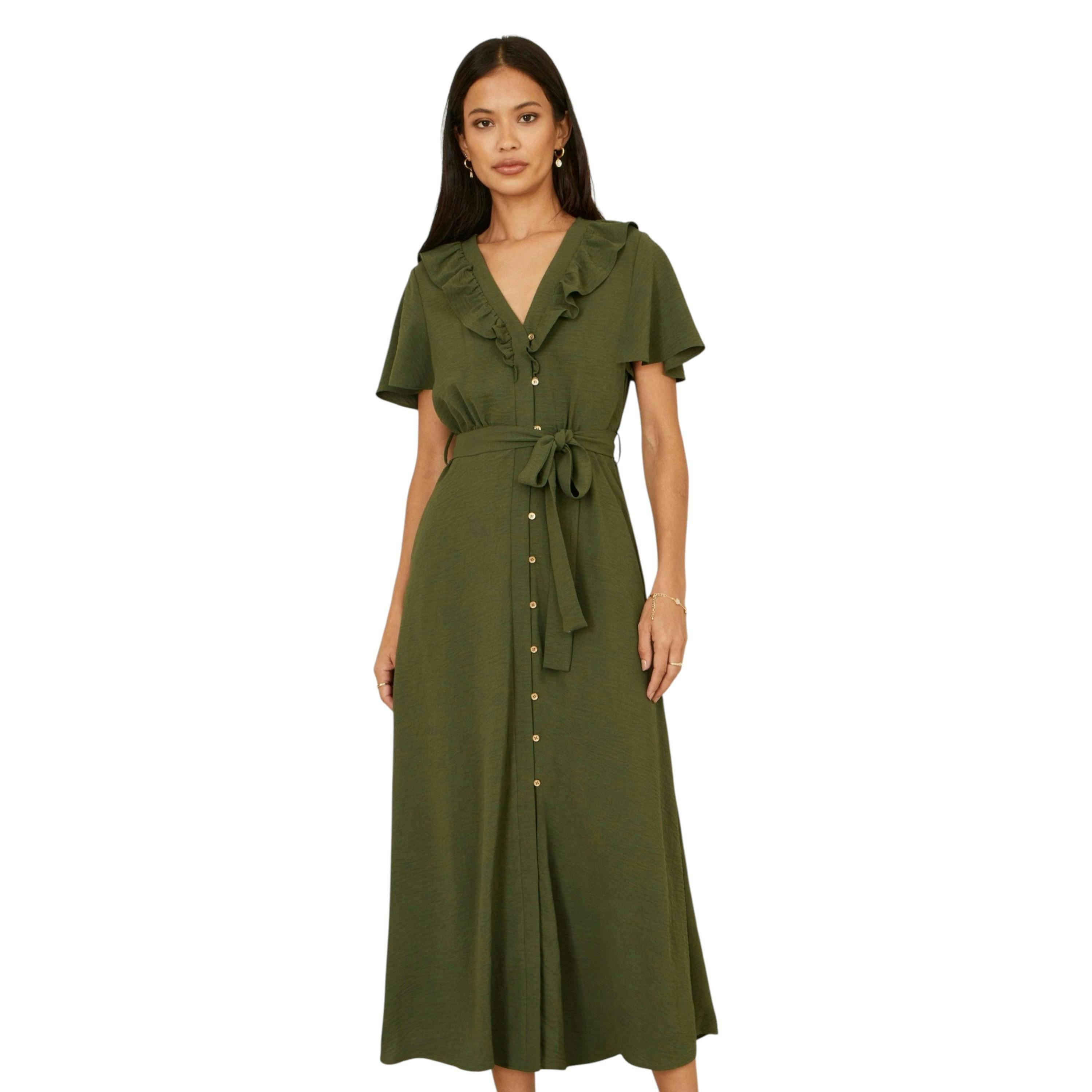 Yumi Green Ruffle Collar Midi Shirt Dress , view 1 of 6