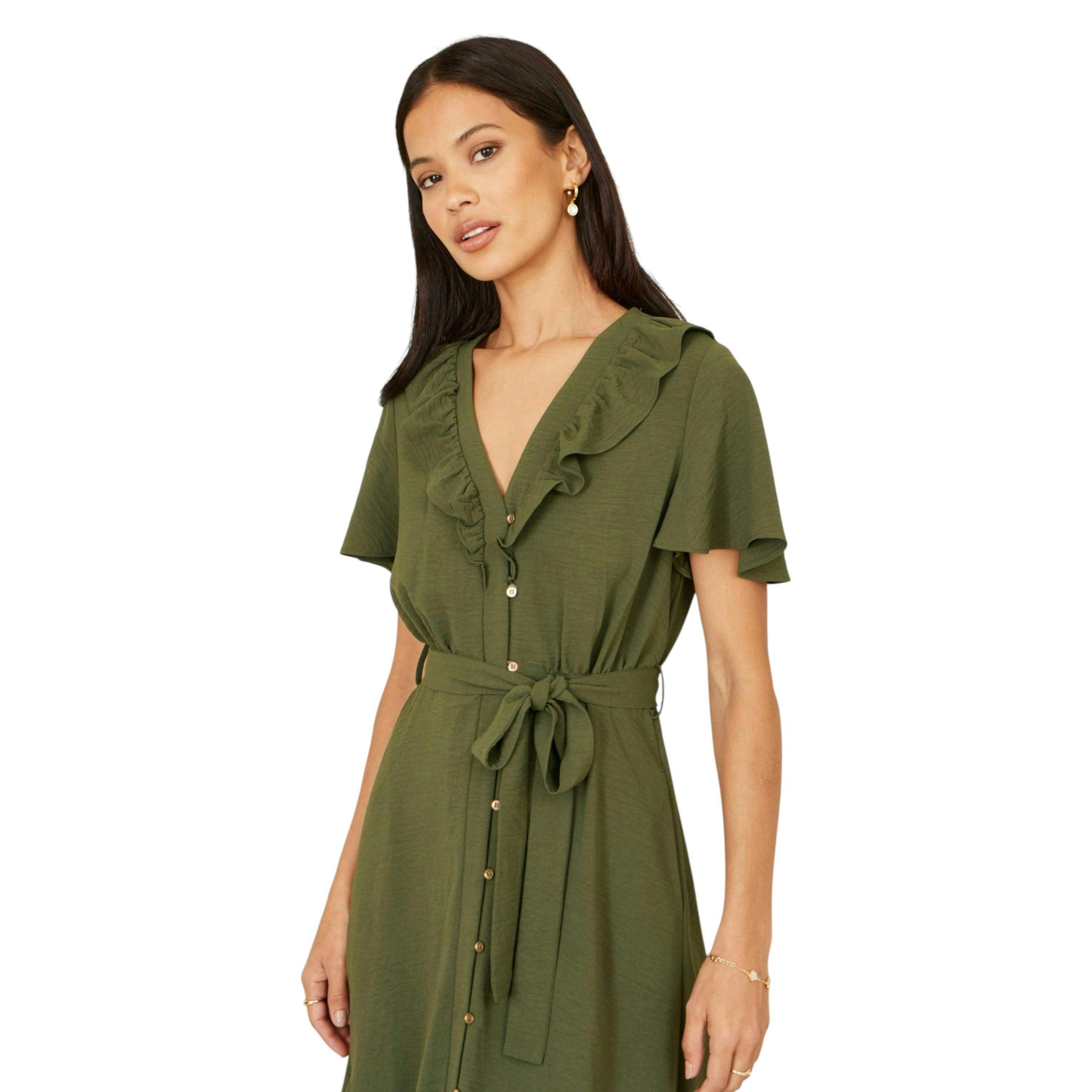 Yumi Green Ruffle Collar Midi Shirt Dress , view 2 of 6